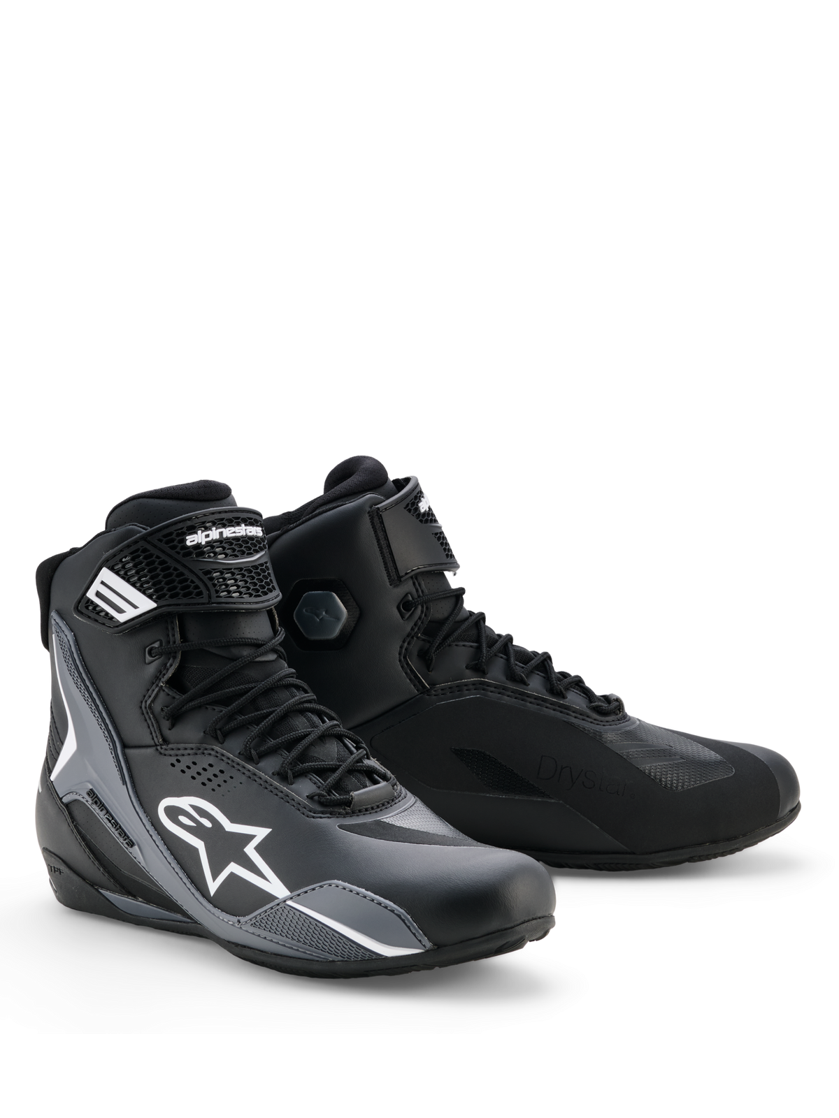 Alpinestars Faster-4 Drystar® Shoes, Motorcycle Riding Shoes, Black Cool Gray and White, sleek design with white Astars logo, lace-up closure with hook-and-loop ankle strap, waterproof Drystar technology, and reinforced panels for sports riding protection.
