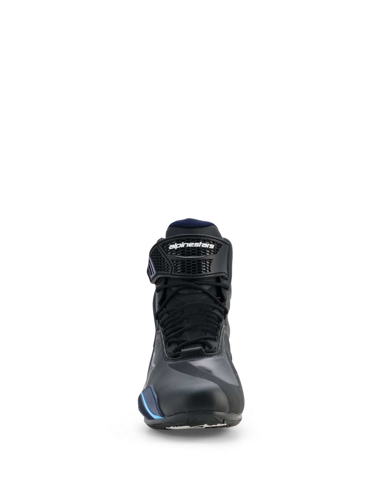 Alpinestars Faster-4 Drystar® Schuhe, wasserdichte Motorradschuhe, Schwarz Night Navy Cyan, Frontansicht mit Schnürsenkeln und verstellbarem Knöchelriemen mit Alpinestars-Logo, stromlinienförmiges sportliches Design
