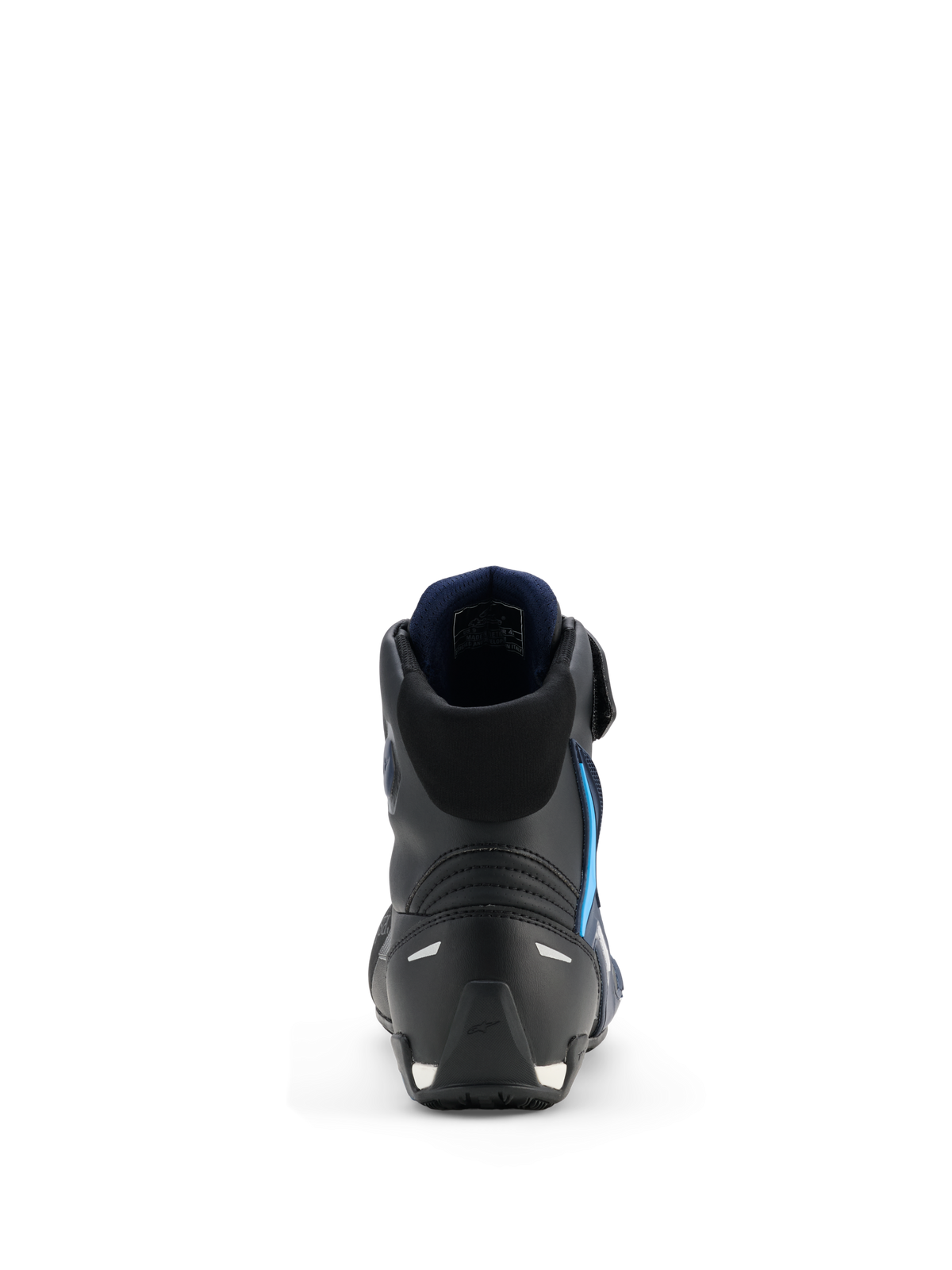 Alpinestars Faster-4 Drystar® Schuhe, Motorradschuhe, Schwarz Night Navy Cyan, Rückansicht mit Fokus auf die verstärkte Fersen- und Knöchelstruktur, dunkelblaues Innenfutter, reflektierende Details, schlankes sportliches Design für Performance auf der Straße