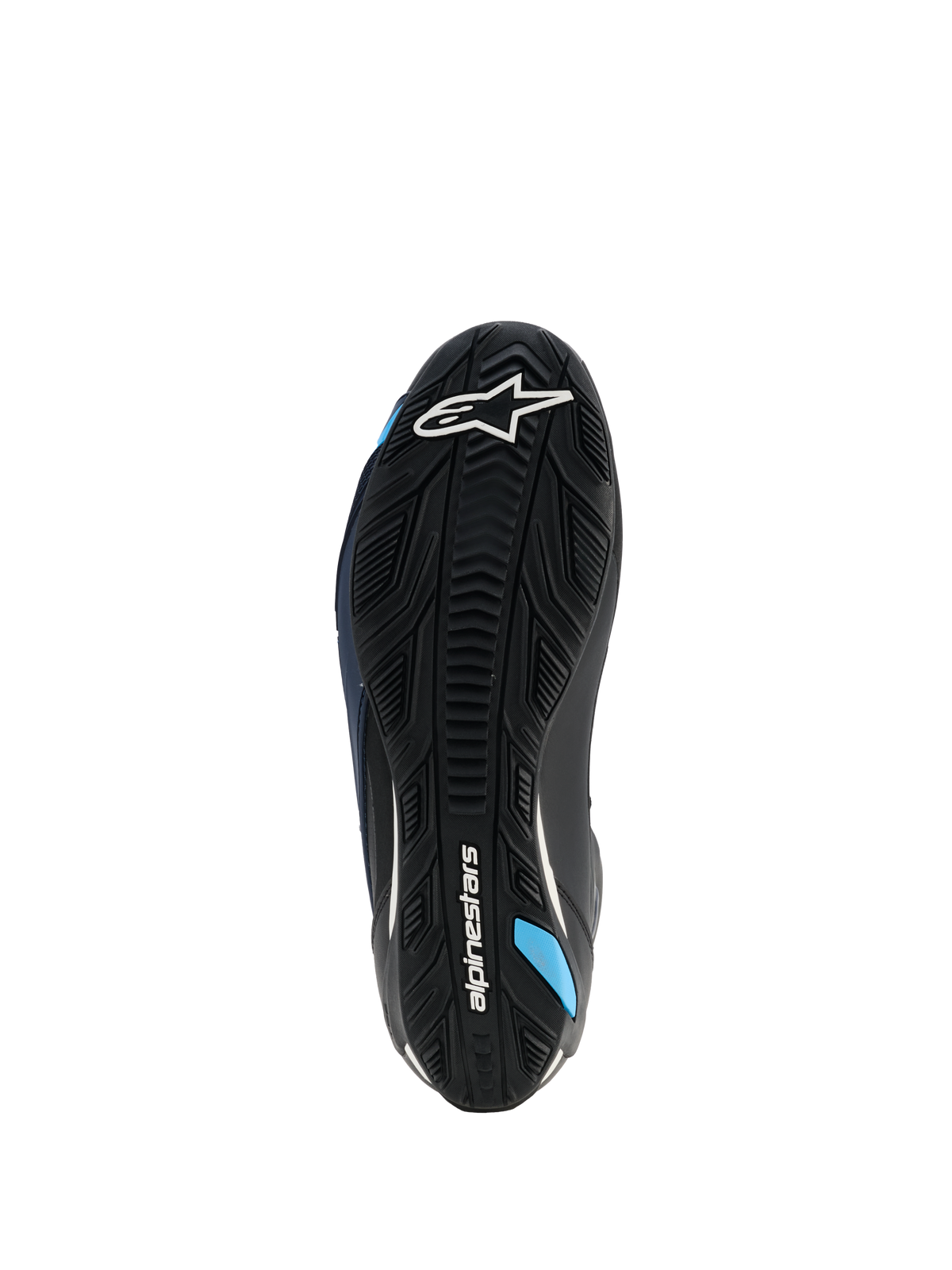 Alpinestars Faster-4 Drystar® Schuhe, Sohlenansicht, Black Night Navy Cyan, mit einer verstärkten Gummiaußensohle mit strukturiertem Grip, weißem Alpinestars-Logo und cyanblauen Akzenten, entwickelt für Stabilität beim Motorradfahren