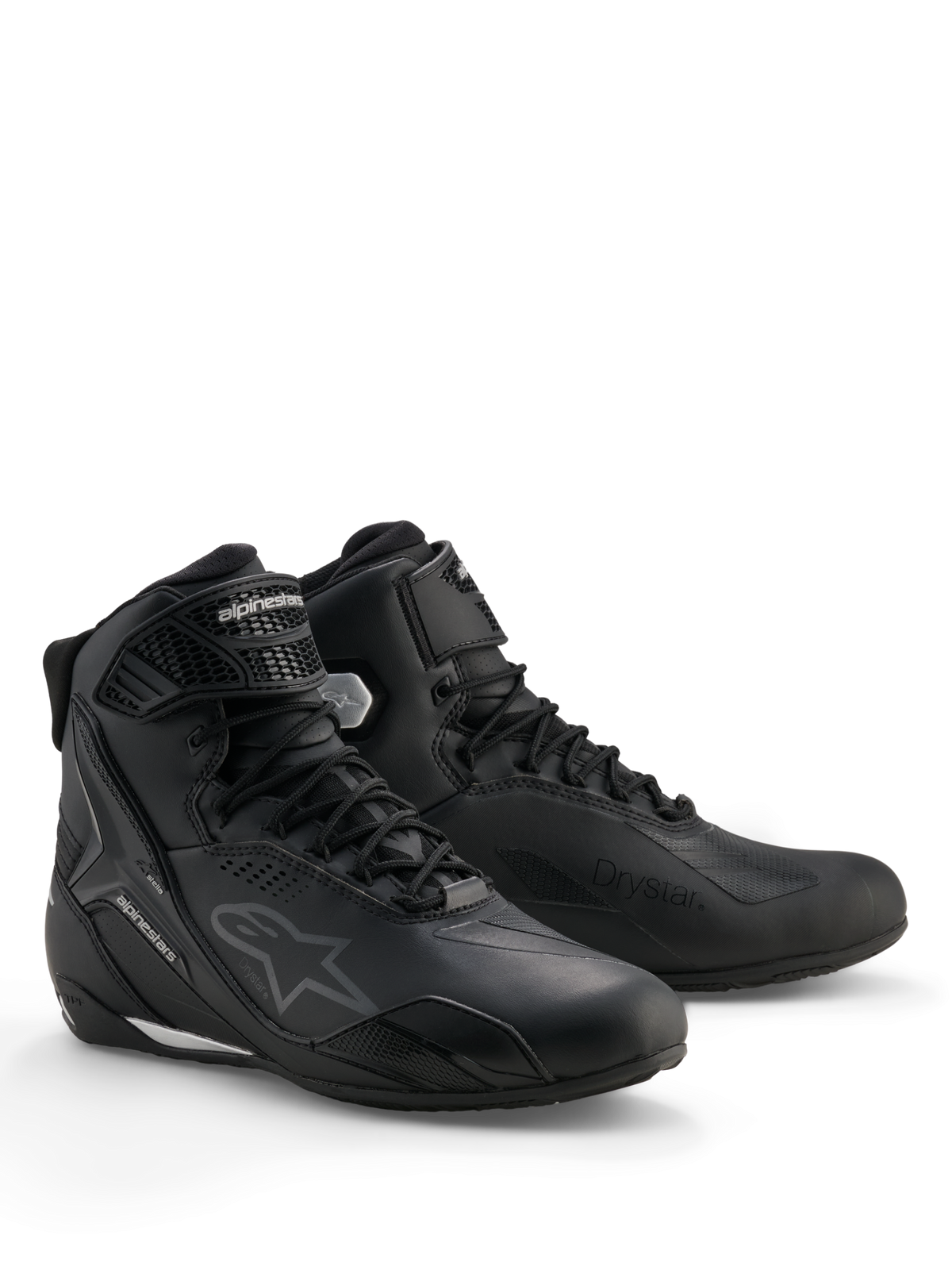 Alpinestars Stella Faster-4 Drystar® Shoes, Women's Waterproof Motorcycle Riding Shoes, Black and Silver, microfiber upper with lace-up closure and ankle strap, protective TPU reinforcements and Alpinestars branding.