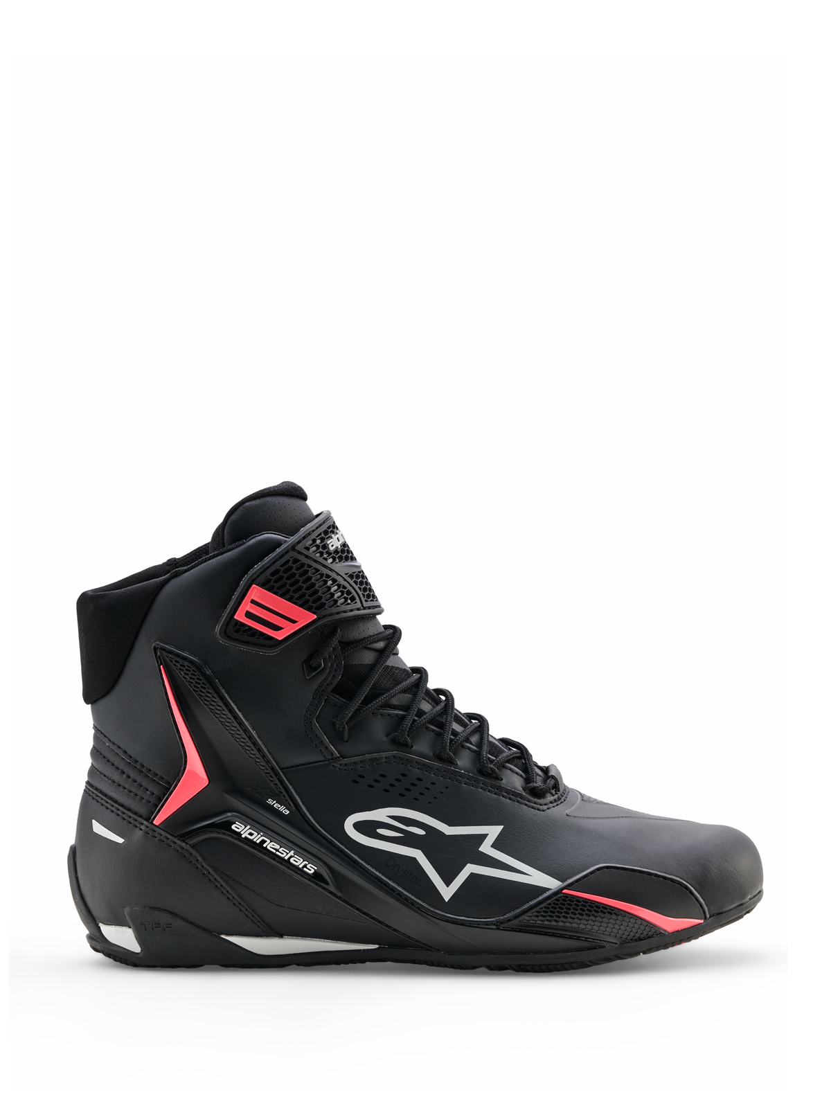 Alpinestars Stella Faster-4 Drystar® Shoes, Women's Motorcycle Riding Shoes, Black with Gray and Coral Fluo accents, high-top design with side branding and hook-and-loop strap, waterproof microfiber for sports riding