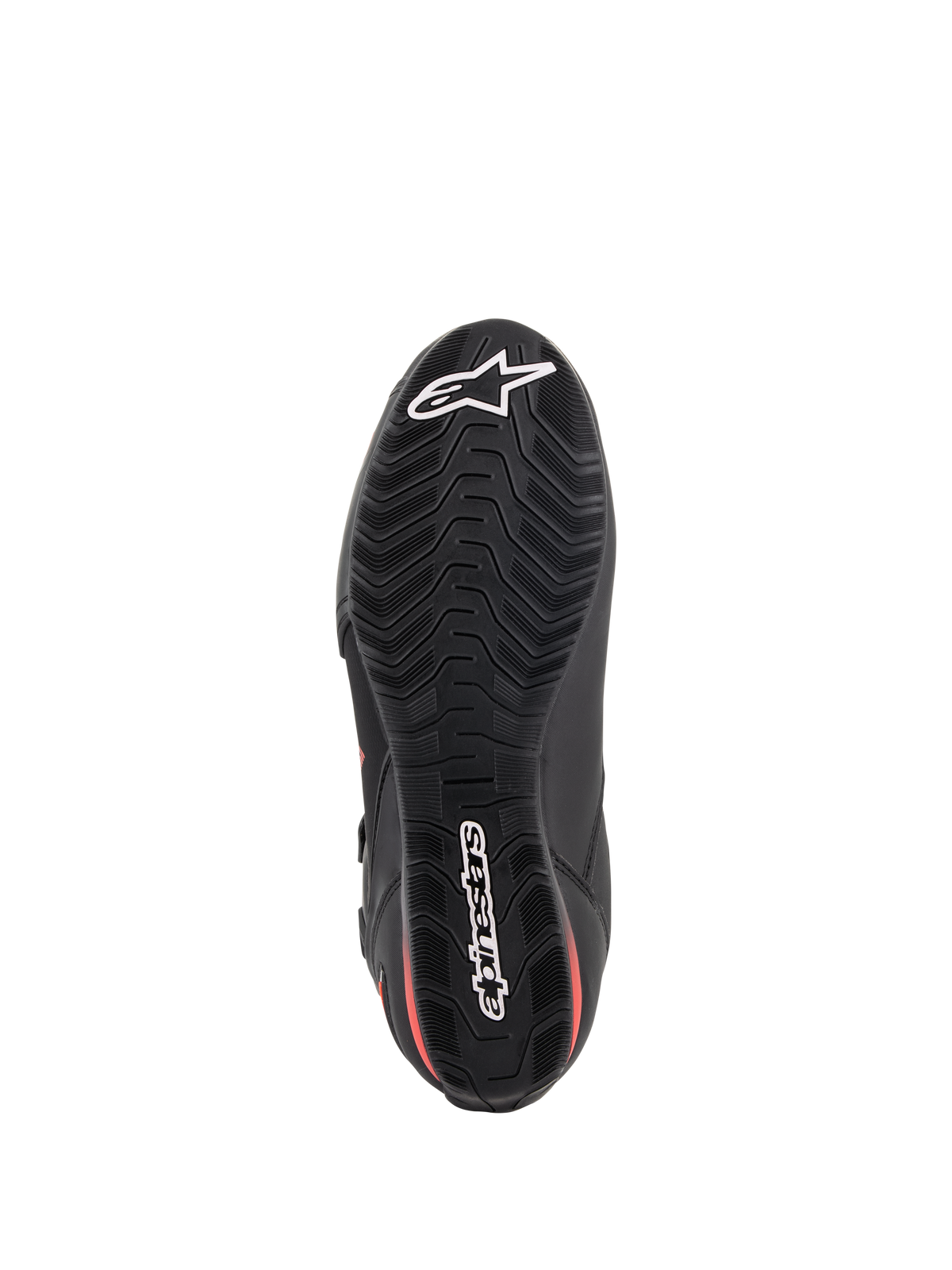 Alpinestars Faster-3 Drystar® Shoes, Motorcycle Riding Shoes, Black and Red Fluo, underside view of the sole, textured rubber outsole with wavy tread pattern, featuring white Alpinestars star and wordmark logos, waterproof performance footwear
