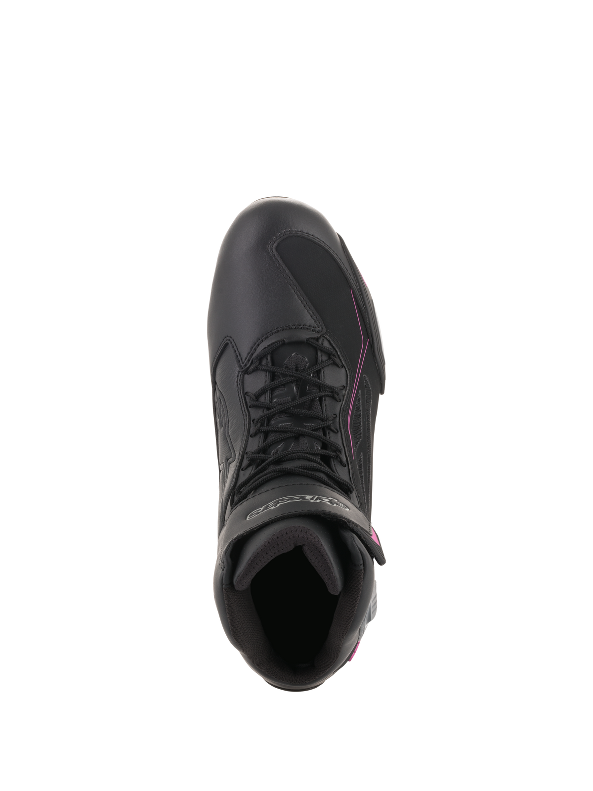Alpinestars Stella Faster-3 Drystar® Damenschuhe, wasserdichte Motorradschuhe, Schwarz, Dunkelgrau und Fuchsia, Draufsicht mit Schnürverschluss und Klettverschlussriemen, stromlinienförmiges schützendes Schuhwerk für urbane Fahrten.