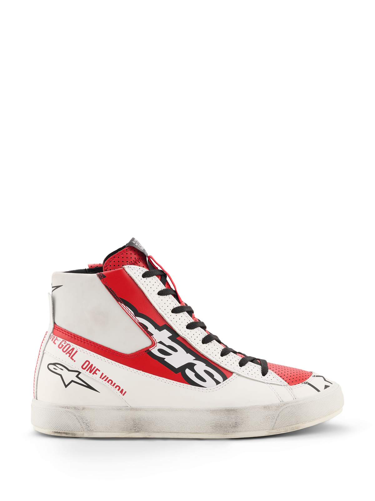 Alpinestars Stated Flair Schuhe, High-Top-Motorradschuhe, Weiß und Bright Red, hochwertige Lederkonstruktion mit handaufgetragenem Used-Look auf der weißen Sohle, großes schwarzes Alpinestars-Logo an der Seite, rote Einsätze und Text an der Ferse, Vintage-inspirierte Rennsport-Optik
