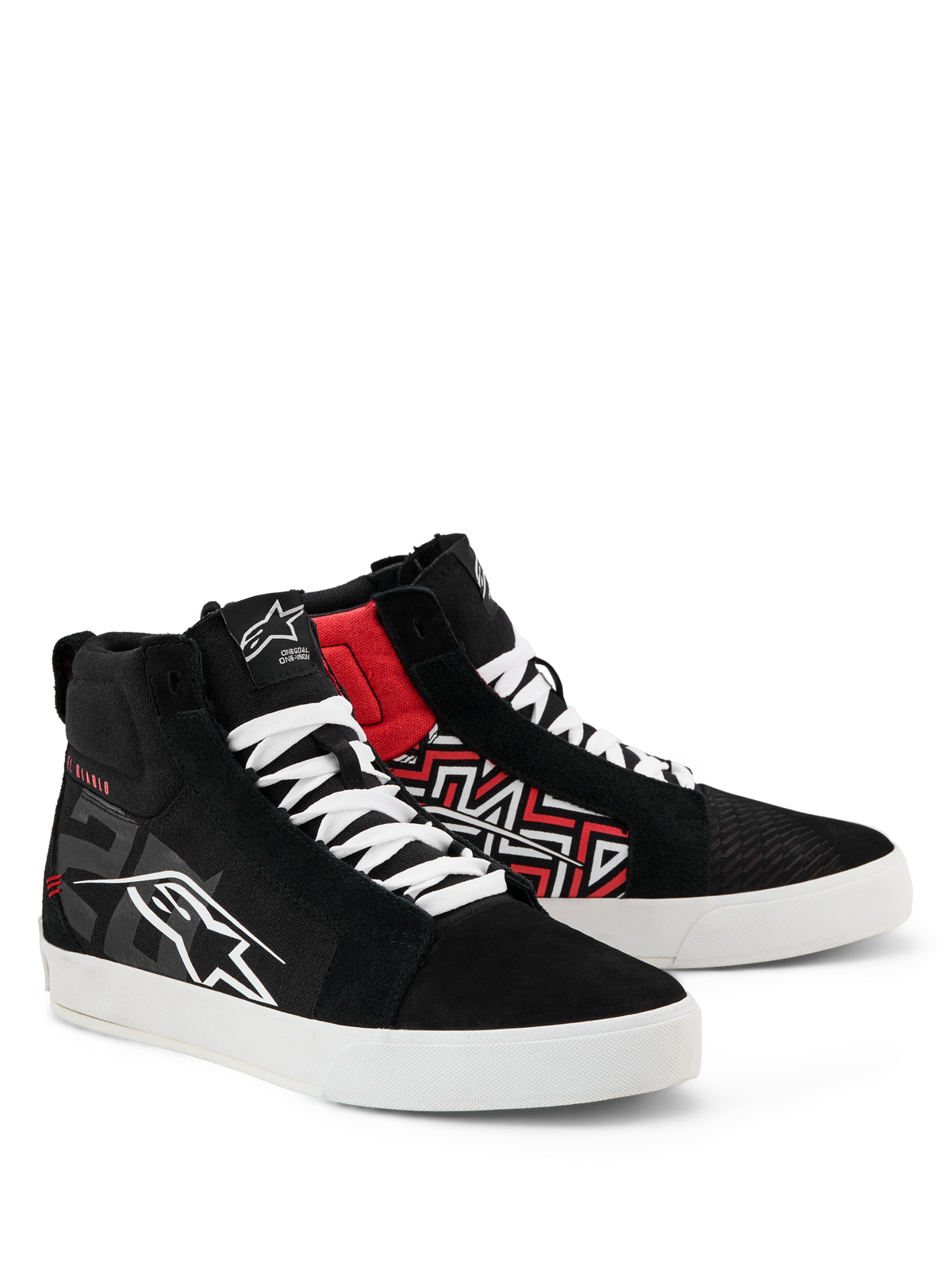 Alpinestars FQ20 Ride-63 Canvas-Schuhe, lässige Street-Riding-Schuhe, Schwarz, Weiß und leuchtendes Rot, High-Top-Canvas-Design mit weißen Schnürsenkeln und Sohlen, mit Alpinestars-Logos und roten geometrischen Grafiken, vom Motorsport inspirierte Lifestyle-Schuhe