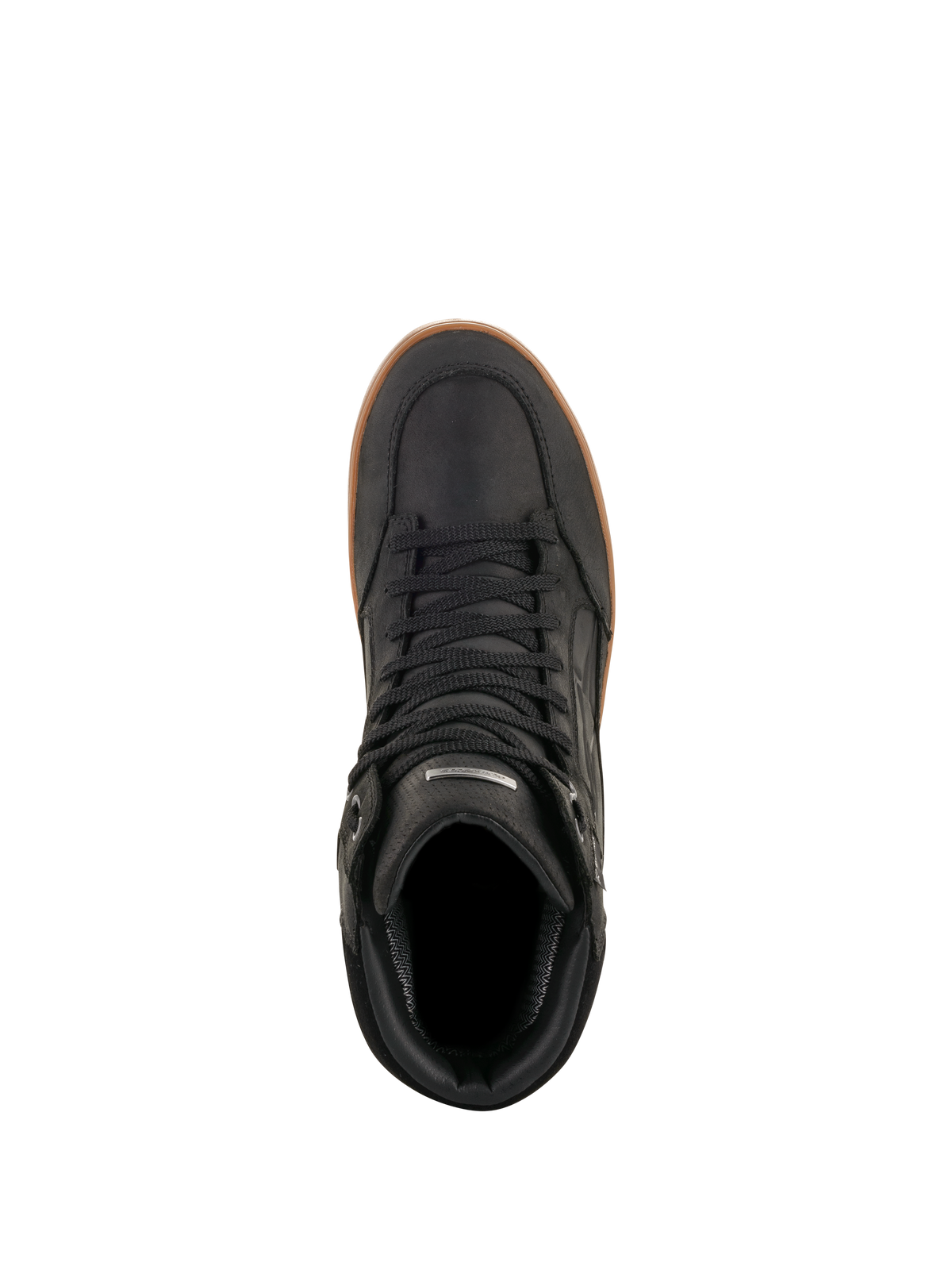 Alpinestars J-6 Waterproof Shoe, Black Gum, Top-down view, black leather motorcycle riding shoe with gum-colored rubber sole, sneaker-style urban gear with black laces