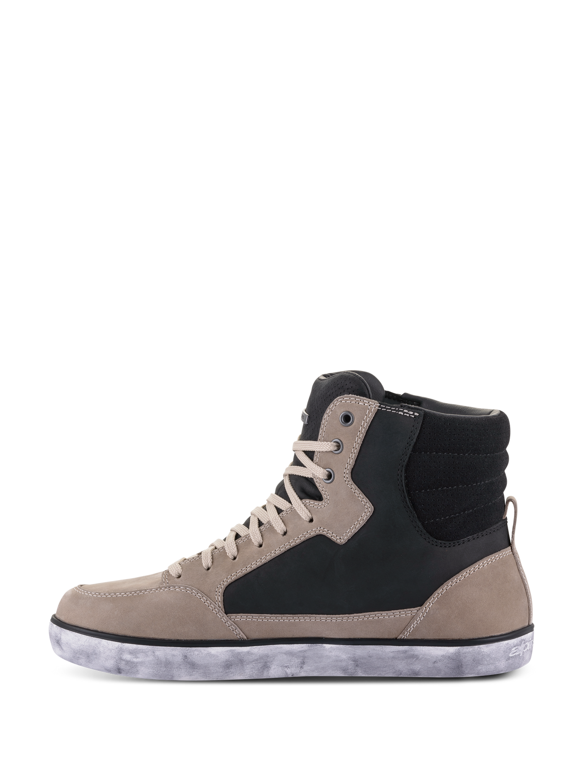 Alpinestars J-6 Wasserdichter Schuh, Motorradschuh, Black Flint White, High-Top-Sneaker-Stil mit flintgrauen und schwarzen Lederpanels, cremefarbenen Schnürsenkeln und einer marmorierten weißen Gummisohle, lässiges urbanes Design für das Motorradfahren