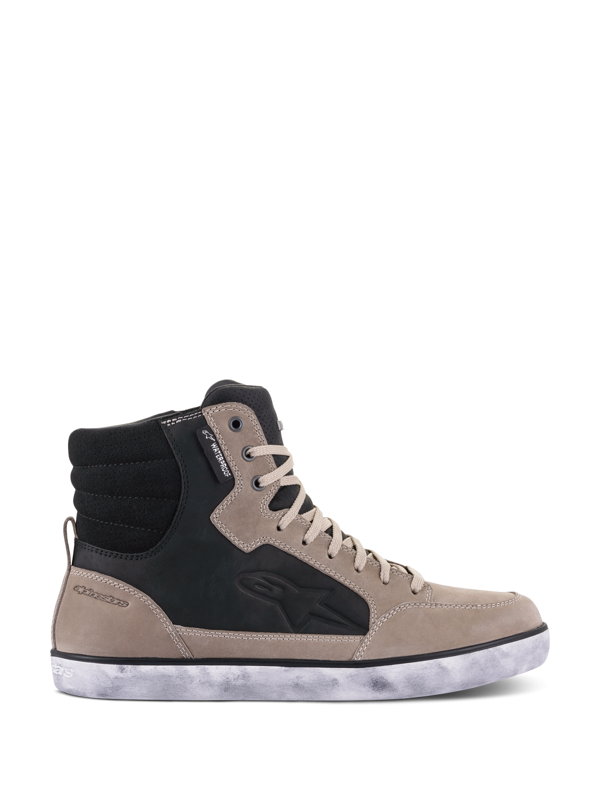 Alpinestars J-6 Waterproof Schuh, Motorradschuh, Black Flint White, High-Top-Design im Sneaker-Stil aus Leder mit weißer Gummisohle im Distressed-Look, mit seitlichem Astar-Logo und Waterproof-Label