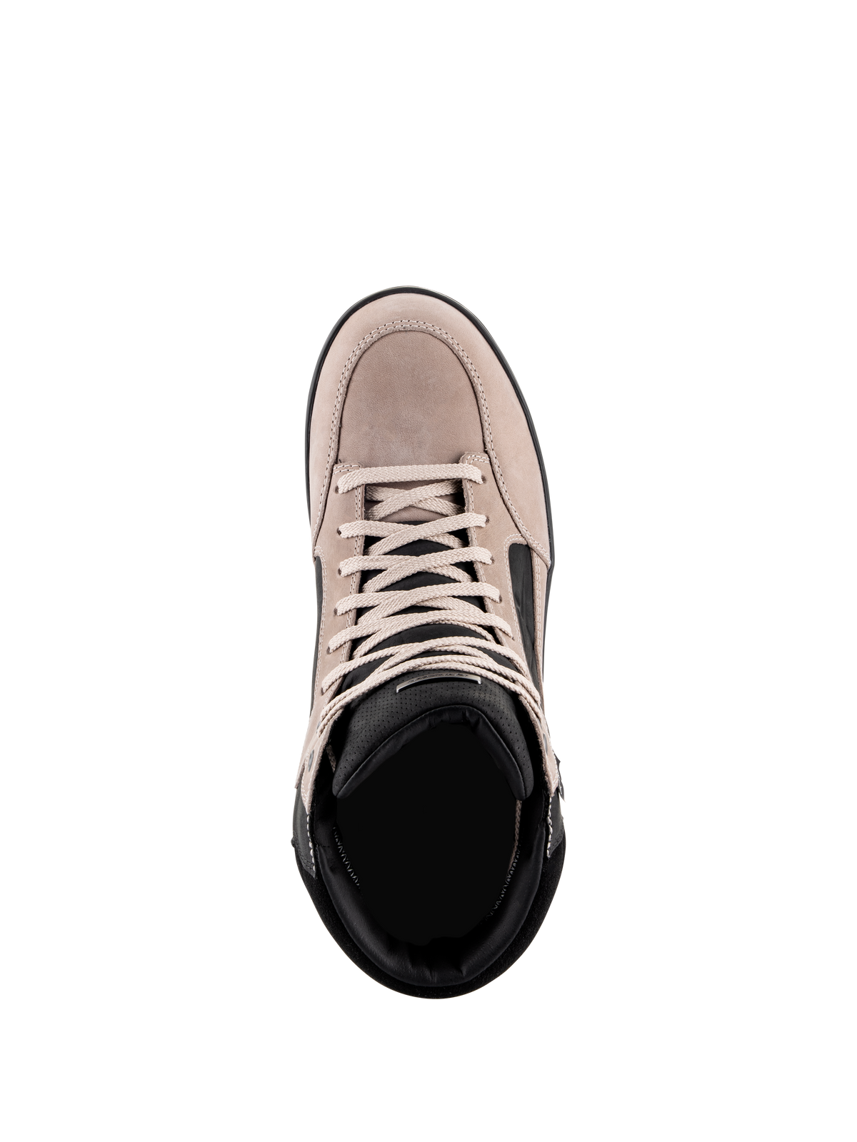 Alpinestars J-6 Wasserdichter Schuh, Urbaner Motorradschuh, Schwarz Flint Weiß, Draufsicht mit Obermaterial aus Wildleder, weißen Schnürsenkeln und schwarzem gepolsterten Kragen, lässiges Sneaker-inspiriertes Design für das Pendeln mit dem Motorrad