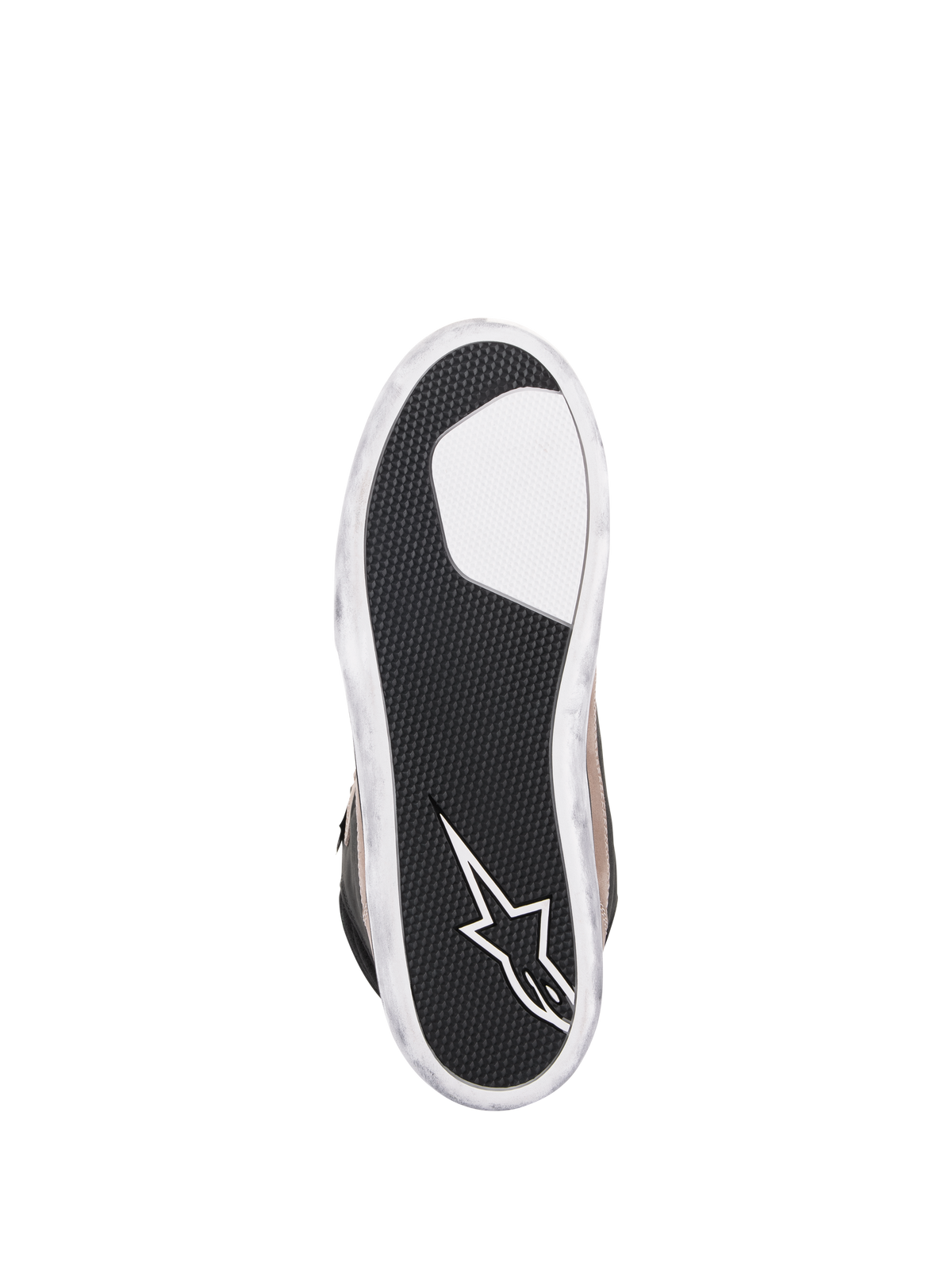 Alpinestars J-6 Wasserdichter Schuh, Motorradschuh, Schwarz Flint Weiß, Unteransicht der Außensohle mit strukturiertem schwarzem Gummi für Grip, weißes Alpinestars Stern-Logo auf der Ferse, weiße Kanten im Distressed-Look