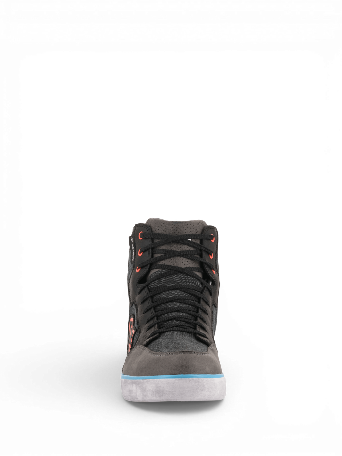 Alpinestars J-6 Waterproof Canvas Riding Shoe, gray and black urban motorcycle sneaker with light blue accents.