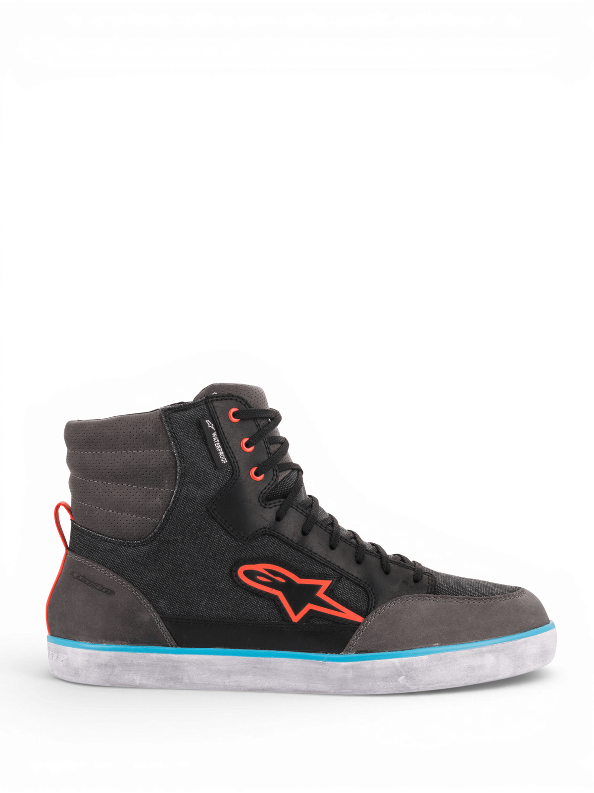 Alpinestars J-6 Waterproof Canvas Men's Riding Shoes in black and gray with light blue and orange accents.