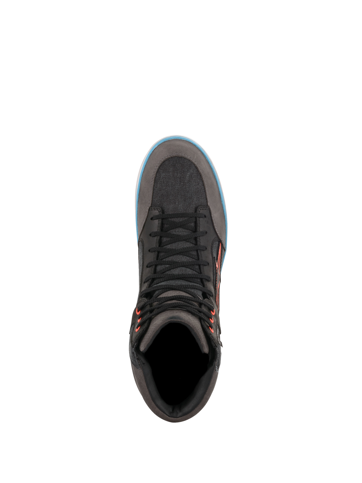 Alpinestars J-6 Waterproof Canvas motorcycle riding shoe, urban sneaker in Gray and Black with blue trim.