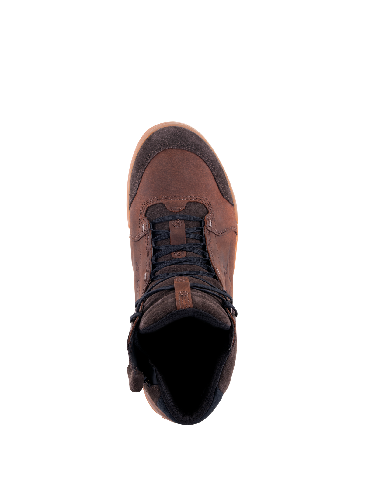 Alpinestars Chrome Crafted Drystar® Schuhe, Urbane Motorradschuhe, Brown Gum, Ansicht von oben, Obermaterial aus Leder und Wildleder mit dunklen Schnürsenkeln und Gummisohle, lässiges wasserdichtes Motorradschuhwerk