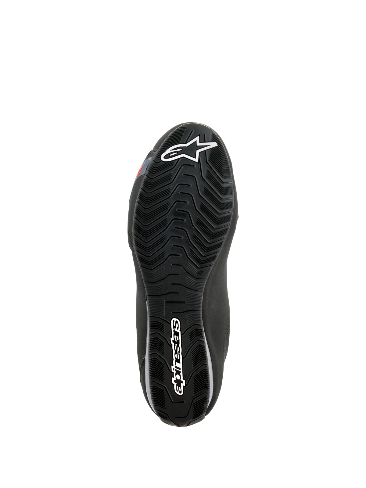 Alpinestars Sektor Waterproof Schuhe, Sohlenansicht, schwarzer Gummi mit Wellenprofil zur Wasserableitung, weißes Astars-Logo und Alpinestars-Branding, für Grip und Unterstützung der Motorrad-Fußrasten