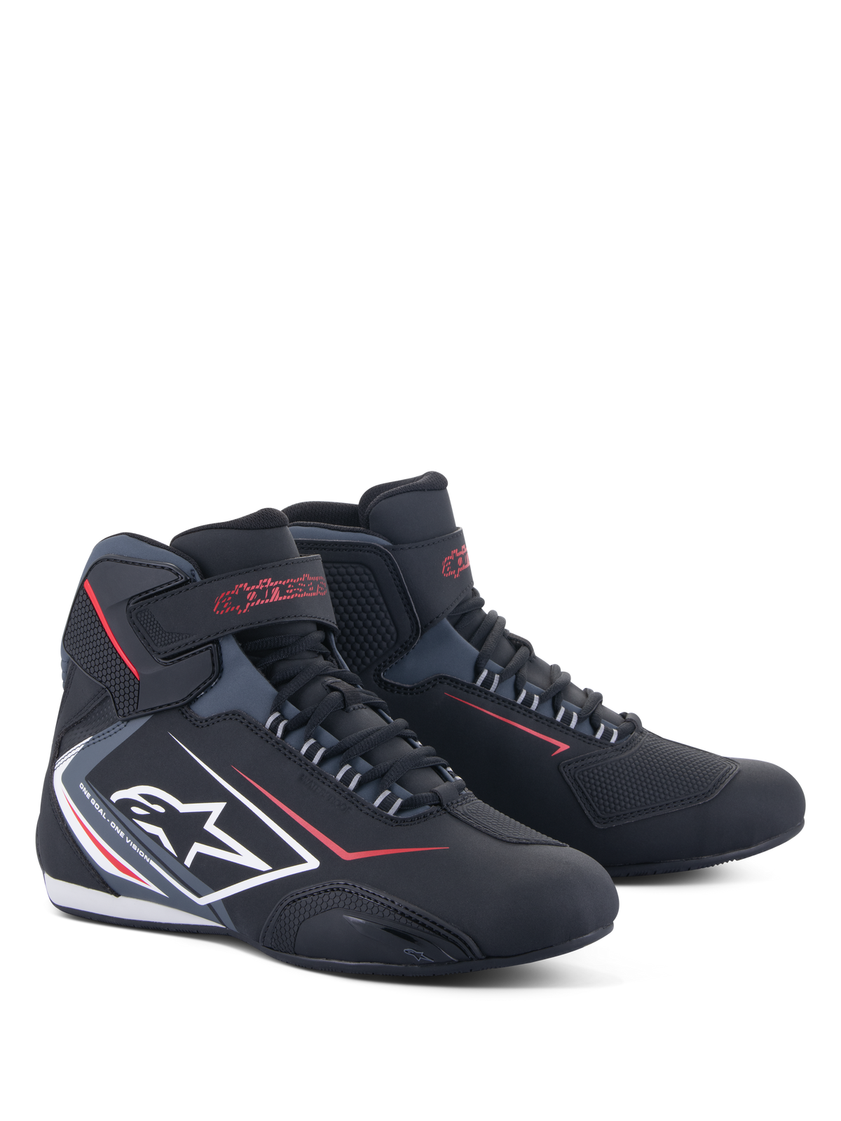 Alpinestars Sektor Waterproof Schuhe, Motorradschuhe, Schwarz mit roten und weißen Akzenten, weißes Stern-Logo an der Seite, Klettverschluss-Knöchelriemen und Schnürsystem, sportliches Design für die Straße