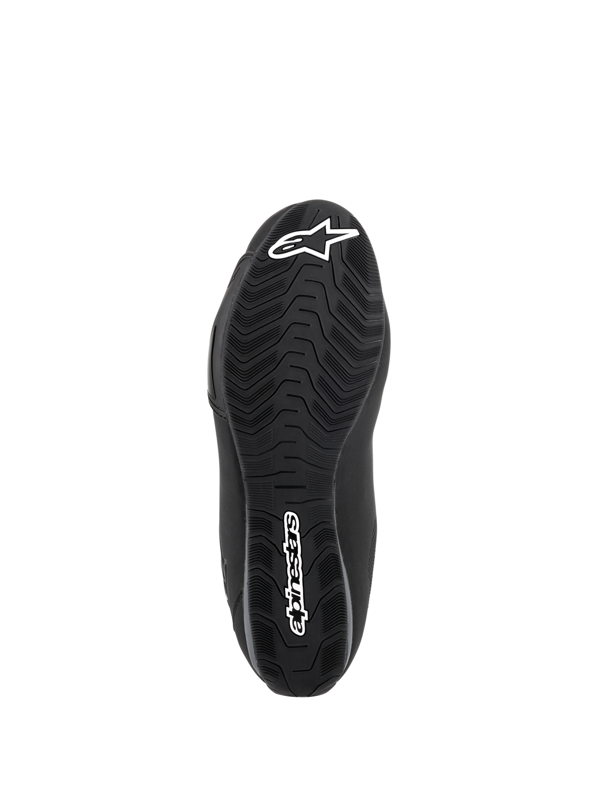 Alpinestars Sektor Waterproof Schuhe, Schwarz, Ansicht der Unterseite der Gummimischungssohle, spezielles Profil für Wasserableitung und Grip, weißes Stern-Logo und Alpinestars-Schriftzug.