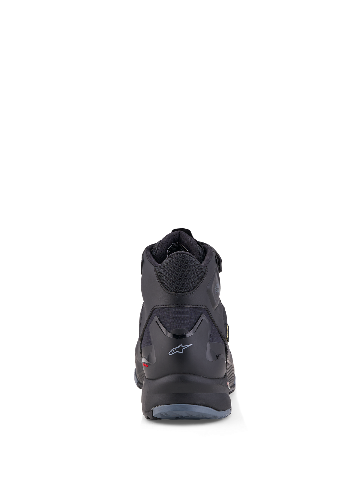 Alpinestars Cr-X Gore-Tex Shoes, motorcycle riding shoes, Black and Dark Gray, waterproof GORE-TEX membrane, rear view showing ankle protection and A-star logo