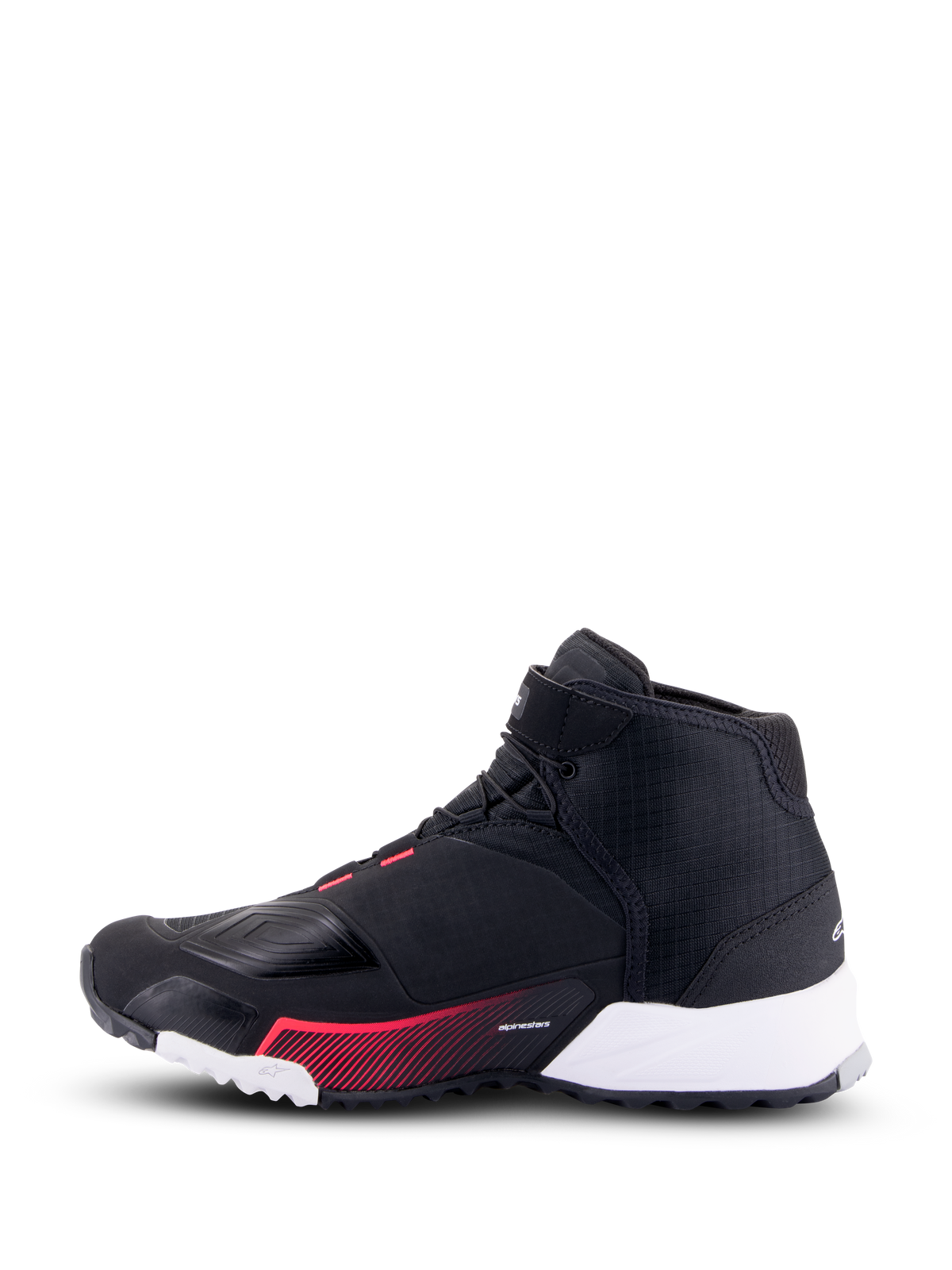 Alpinestars CR-X Women's Drystar® Riding Shoe, Motorcycle Riding Shoe, Black White and Diva Pink, side profile view showing a black ripstop upper, white heel section, and pink graphic accents, urban style with protective features