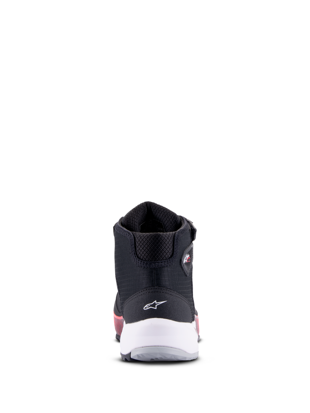 Alpinestars CR-X Women's Drystar Riding Shoe, Black White and Diva Pink, Rear view featuring white heel support and star logo, technical motorcycle footwear with pink accents on the sole