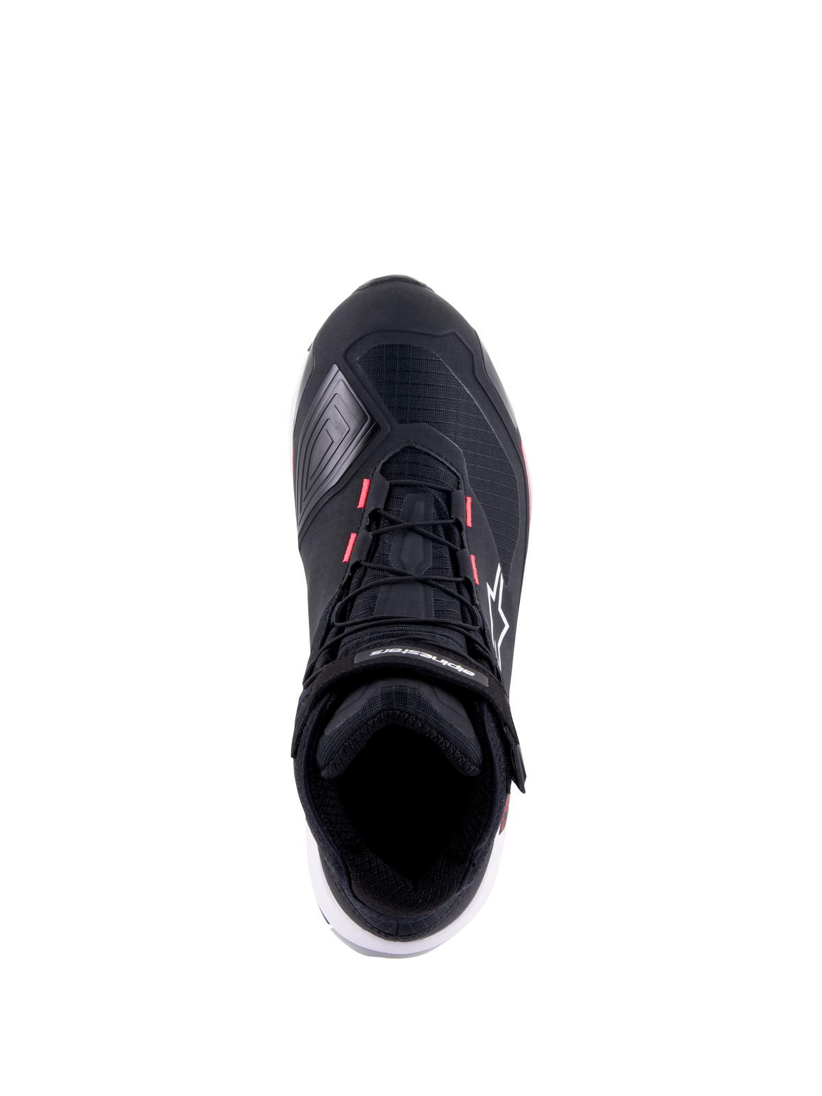 Alpinestars CR-X Women's Drystar Riding Shoe, Black White and Diva Pink, top-down view featuring technical ripstop upper, pink accents on the lace eyelets, and Alpinestars branding on the ankle strap and side.