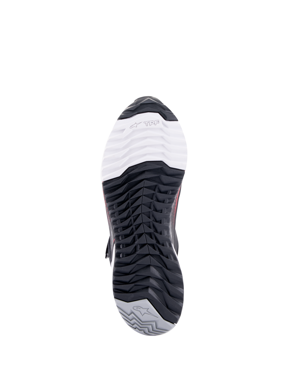 Alpinestars CR-X Women's Drystar® Riding Shoe, Motorcycle Riding Shoe, bottom view of the outsole, featuring TPF Transversal Protection Frame branding on a white toe section, black multi-directional tread pattern, and grey heel with star logo.