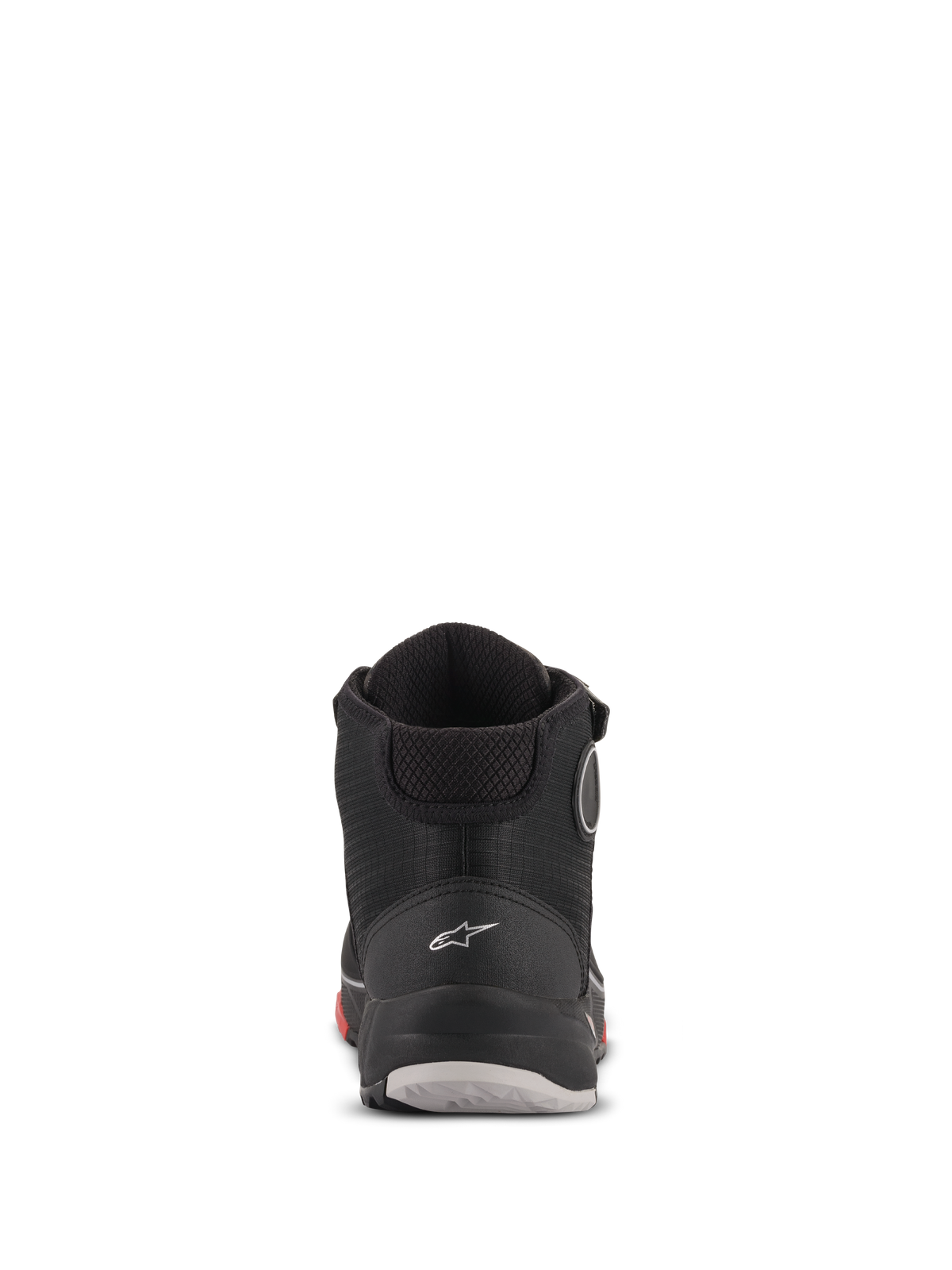 Alpinestars CR-X Drystar® Riding Shoes, Rear View, Black Camo Red, featuring a white Astars logo on the heel, padded ankle collar, and a durable sole with red and grey accents.