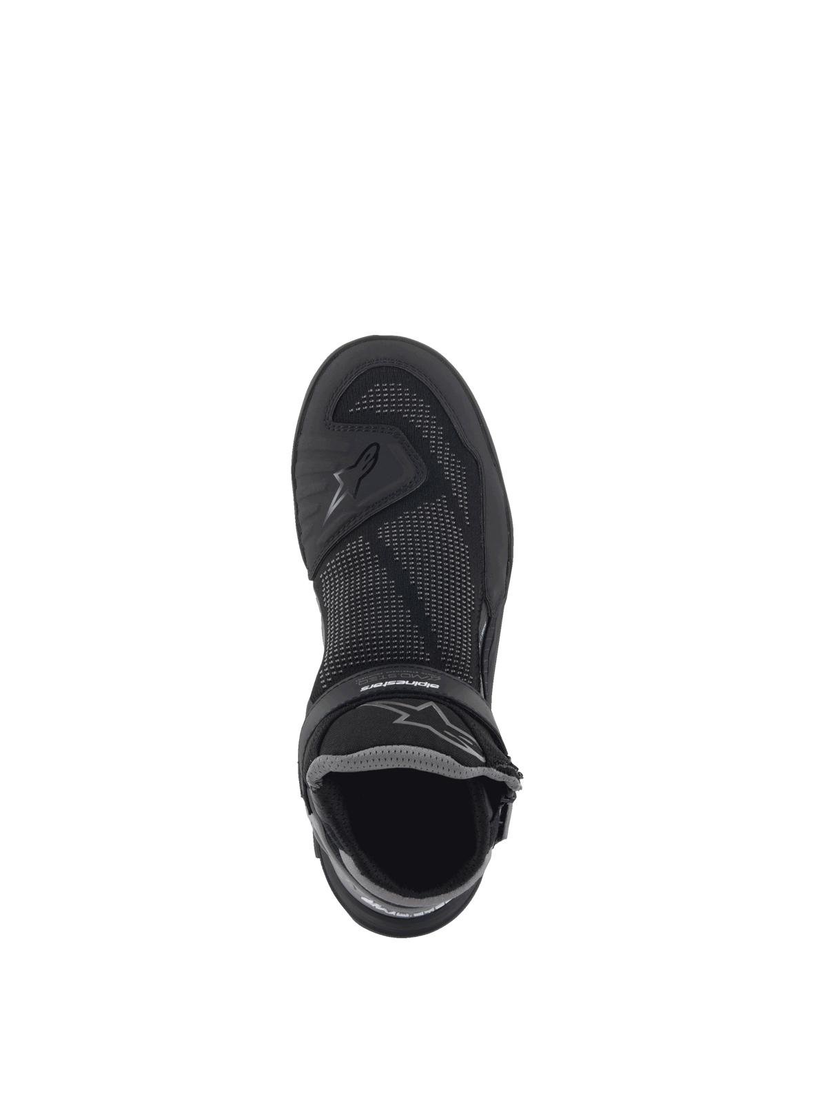 Alpinestars Speedflight Street Schuhe, urbaner Motorradschuh, Schwarz und Gun Metal, Mesh-Obermaterial in Draufsicht.