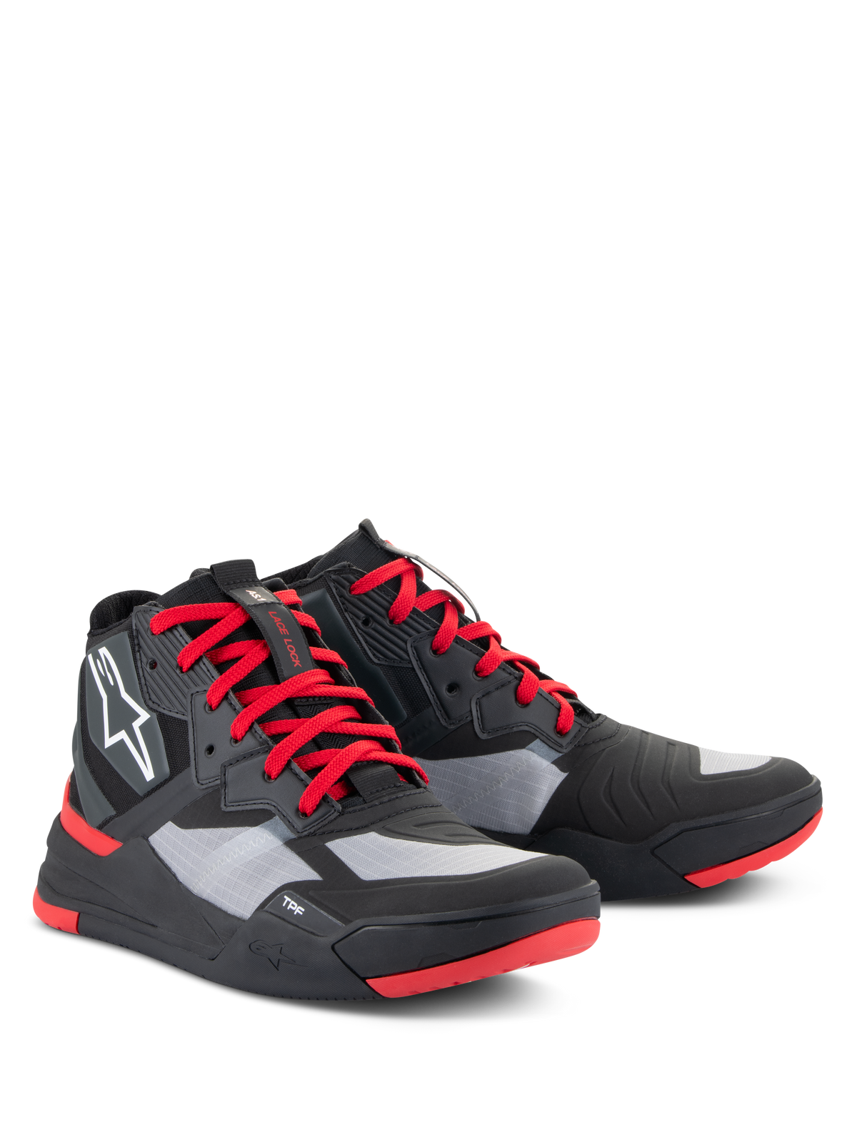 Alpinestars Speedflight Schuhe, Performance-Motorradschuhe, Schwarz, leuchtendes Rot und Weiß, mit Ripstop-Obermaterial und grauen Einsätzen, roten Schnürsenkeln und Sohlenakzenten, weißem Astars-Logo an der Seite, sportliches Motorrad-Sneaker-Design