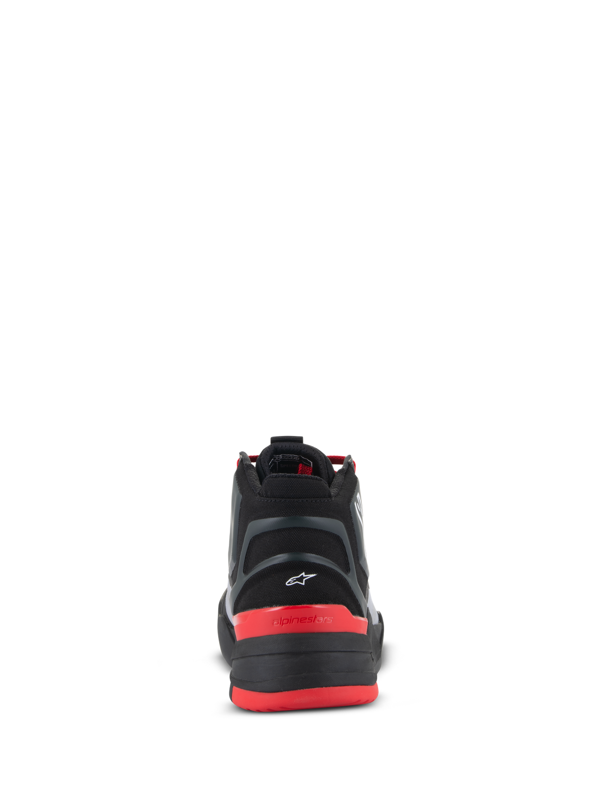 Alpinestars Speedflight Schuhe, Performance-Motorradschuhe, Schwarz, leuchtendes Rot und Weiß, Rückansicht mit geformtem Fersenteil und kleinem weißen Astar-Logo, roter Fersenkappe mit Alpinestars-Schriftzug und leistungsstarkem Ripstop-Obermaterial.
