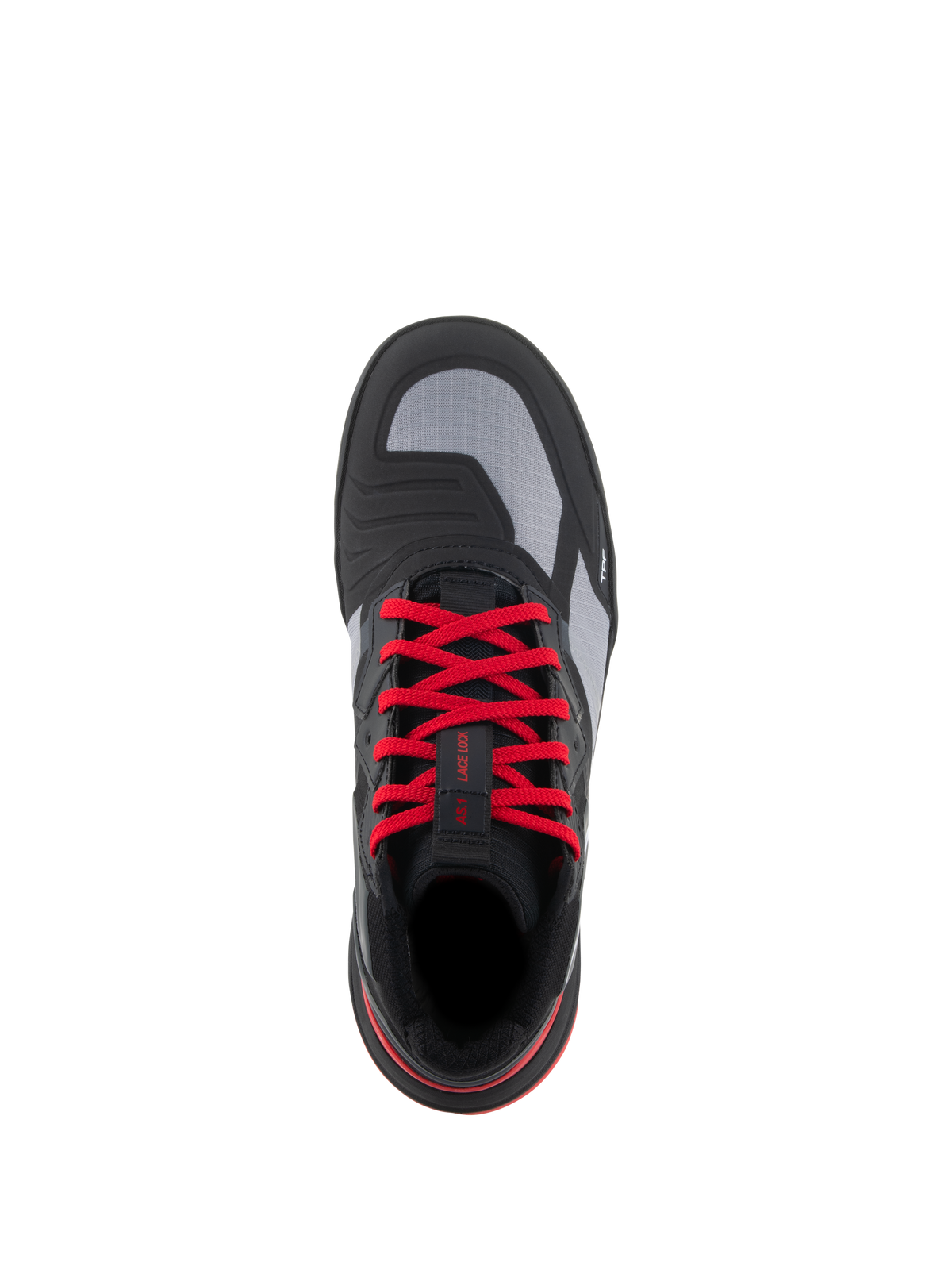 Alpinestars Speedflight Schuhe, Performance-Motorradschuhe, Schwarz, Leuchtendes Rot und Weiß, Draufsicht mit leuchtend roten Schnürsenkeln, grauen Ripstop-Obermaterial-Einsätzen und integriertem Schaltpolster, urbanes Motorrad-Schuhwerk.