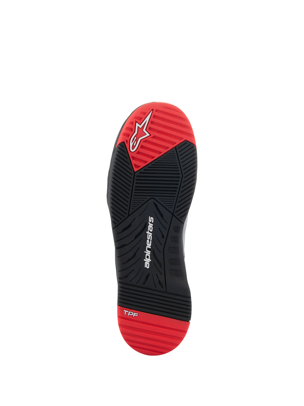 Alpinestars Speedflight Schuhe, Motorradschuhe, Sohlenansicht, Schwarz und Hellrot, mit weißem Alpinestars-Logo und TPF-Branding, Gummisohle mit doppelter Dichte und multidirektionalem Profilmuster.