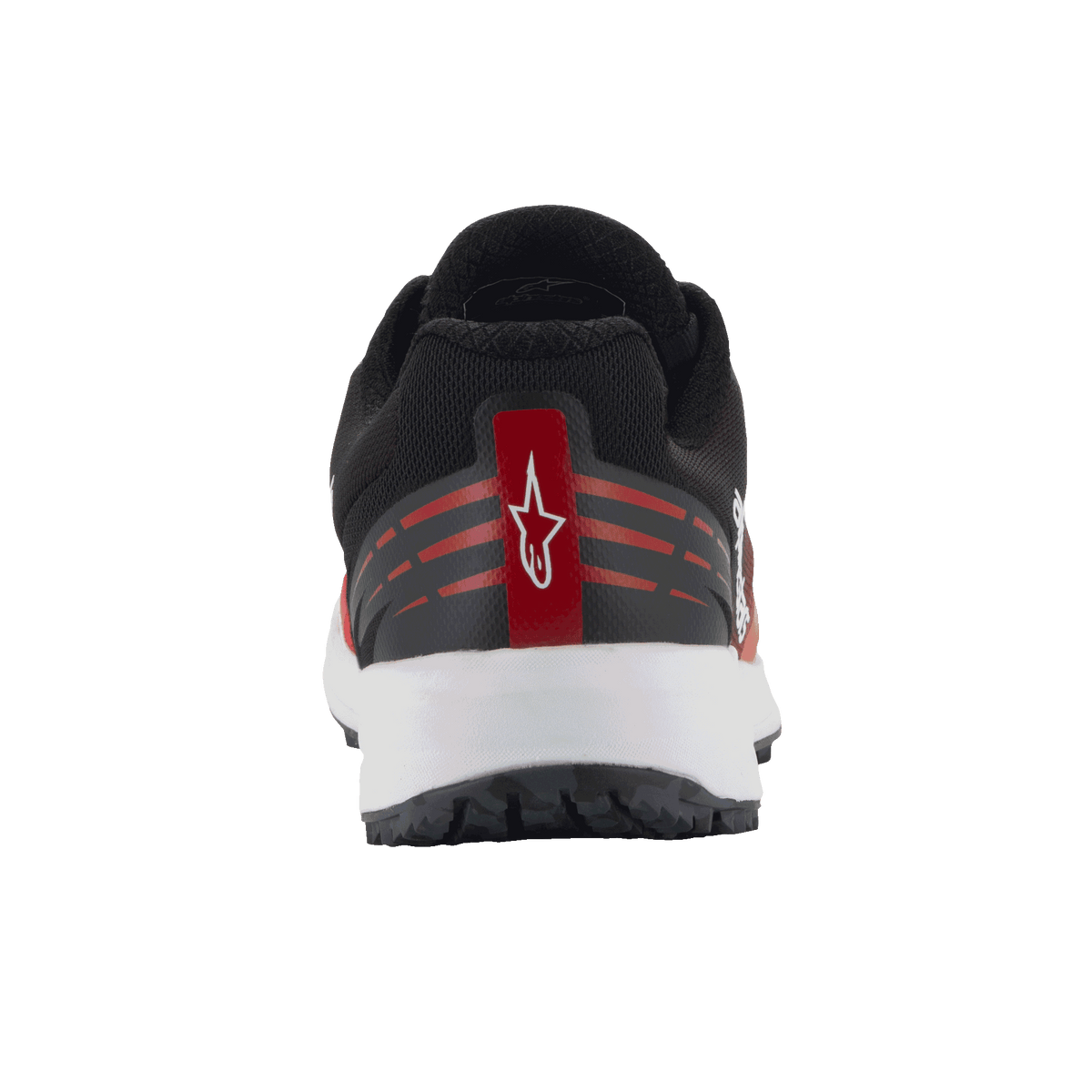 Alpinestars Meta Road V2 Shoes, Sportswear Shoes, Red Black and White, rear view showing heel detail with white Astars logo on a red stripe, horizontal red accents, black mesh upper and white midsole