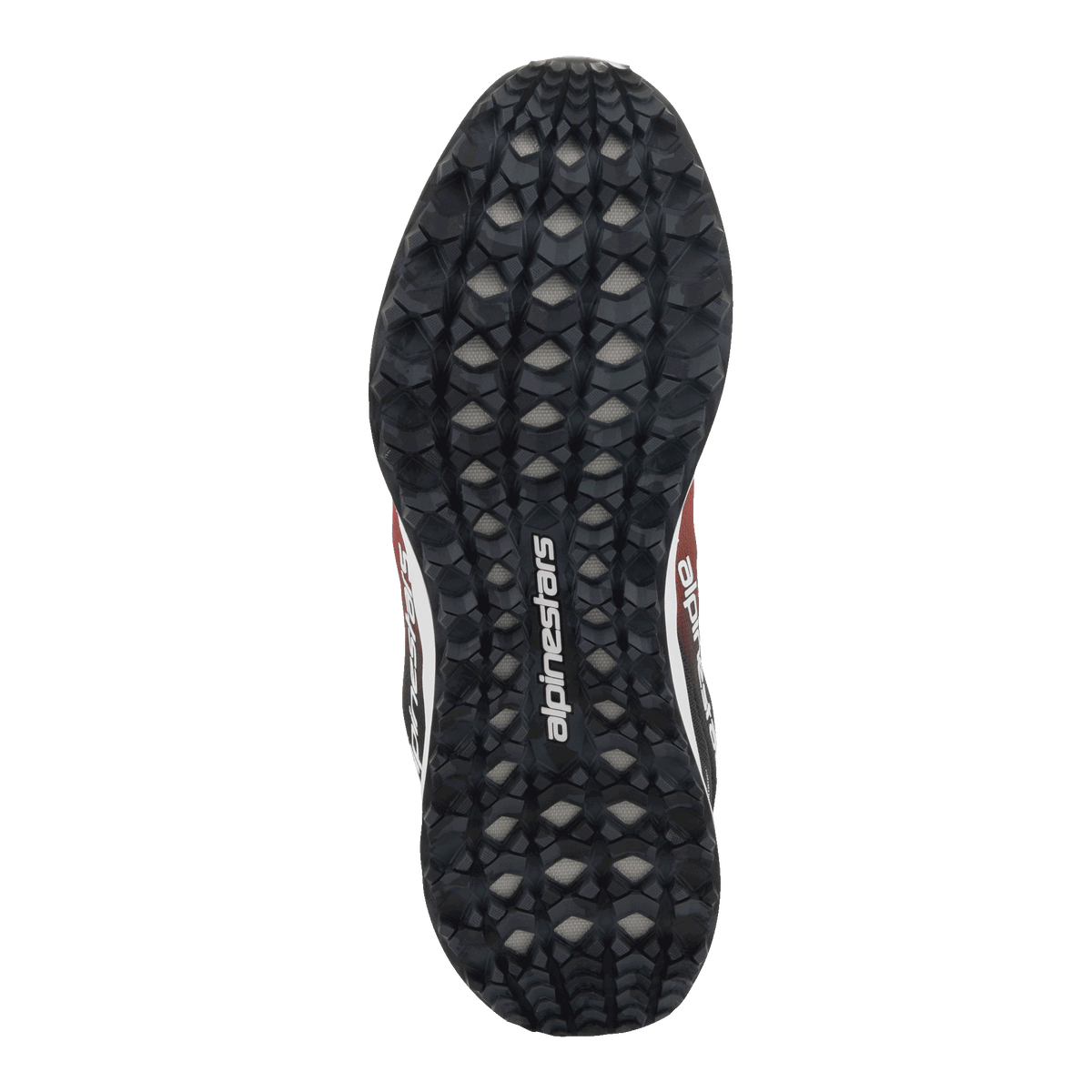 Alpinestars Meta Road V2 Shoes, bottom view of the outsole, black rubber with a textured hexagonal tread pattern for grip, white Alpinestars logo in the center, Red Black and White accents visible on the sides