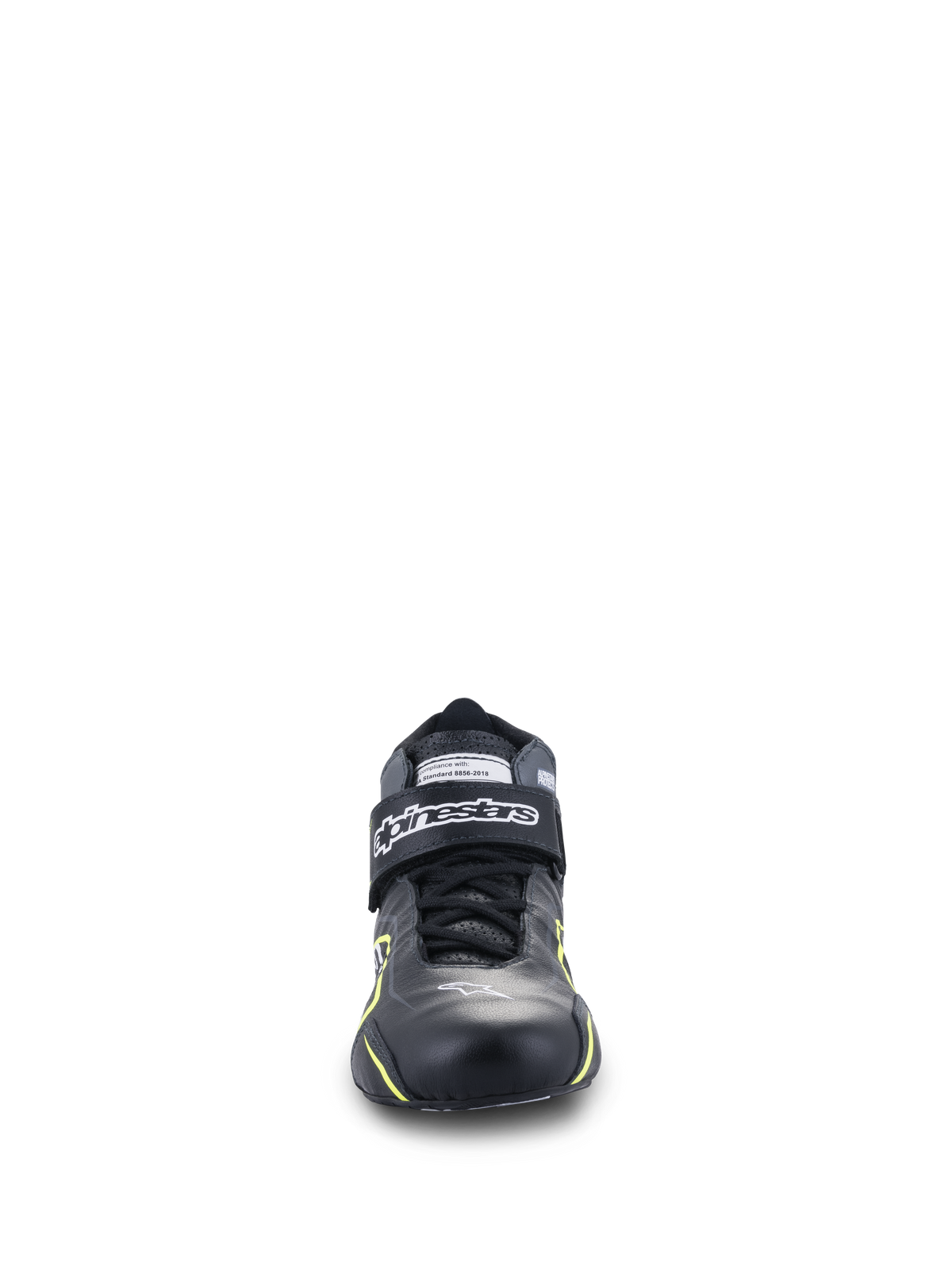 Alpinestars Tech-1 T V3 Schuhe FIA, Auto-Rennschuhe, Schwarz mit neongelben Akzenten, Vorderansicht, Volllederkonstruktion mit Klettverschluss am Knöchel, weißes Alpinestars-Logo, technisches Design für Hochleistungsfahrten