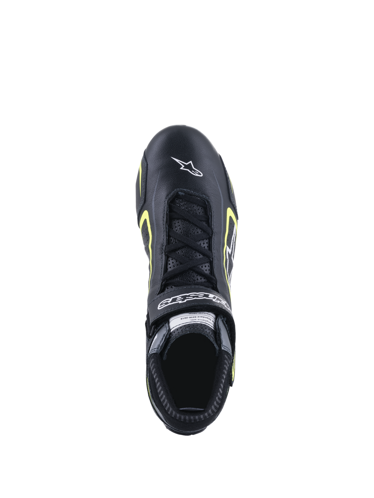Alpinestars Tech-1 T V3 Schuhe FIA, Auto-Rennschuhe, Schwarz und Gelb Fluo, Draufsicht zeigt Lederkonstruktion, Schnürverschluss und weißes Alpinestars-Branding auf der Zehenpartie.