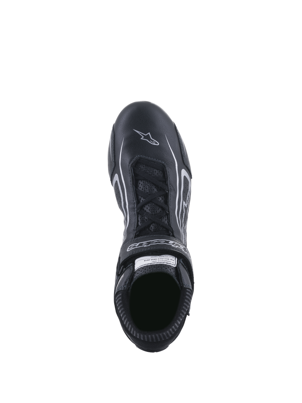 Alpinestars Tech-1 T V3 Schuhe FIA, Auto-Rennschuhe, Schwarz und Silber, Ansicht von oben mit Schnürsystem und Klettverschluss mit Branding, vollnarbiges Rindsleder mit weißem Stern-Logo auf der Zehenpartie, professionelles Motorsport-Schuhwerk