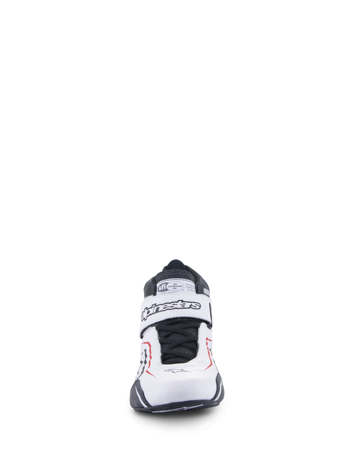 Alpinestars Tech-1 T V3 Shoes, Auto Racing Shoes, White Black and Red, front view featuring hook-and-loop closure strap with Alpinestars branding, black laces, and SFI certification tag on the tongue