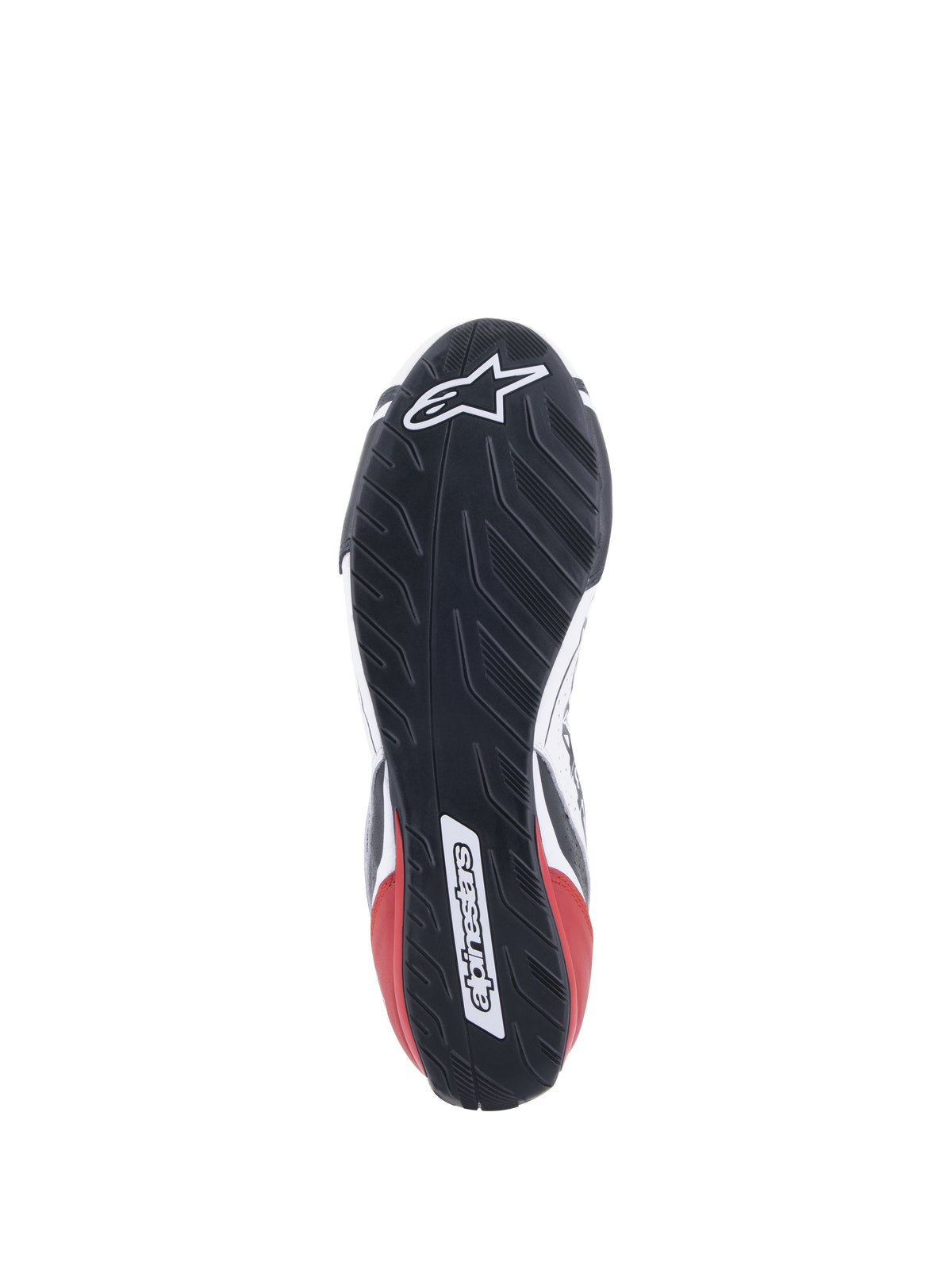 Alpinestars Tech-1 T V3 Shoes FIA, Auto Racing Shoes, White Black and Red, detailed view of the asymmetric tire-tread-inspired rubber sole, featuring the Alpinestars logo and wordmark, oil-resistant and water-repelling outsole design