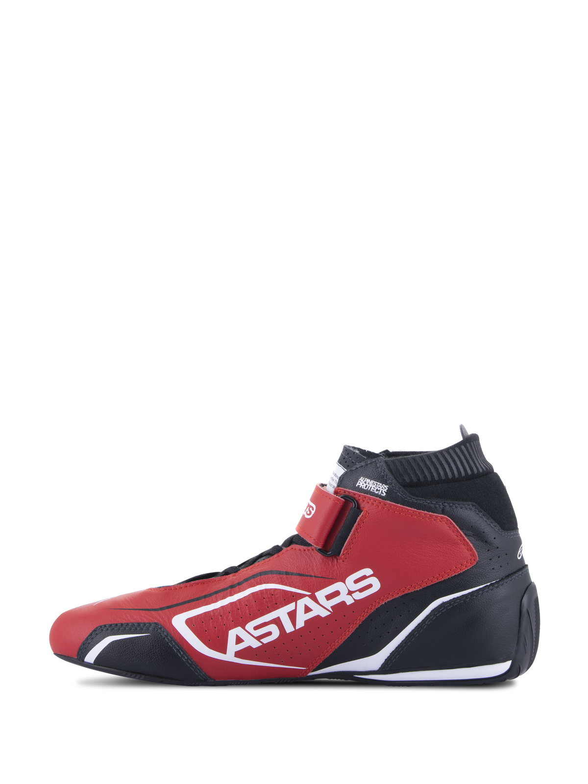 Alpinestars Tech-1 T V3 Shoes FIA, Auto Racing Shoes, Red Black and White, side profile view featuring bold white ASTARS branding, hook-and-loop closure strap, and fireproof elastic collar, professional motorsport footwear with bovine leather construction.