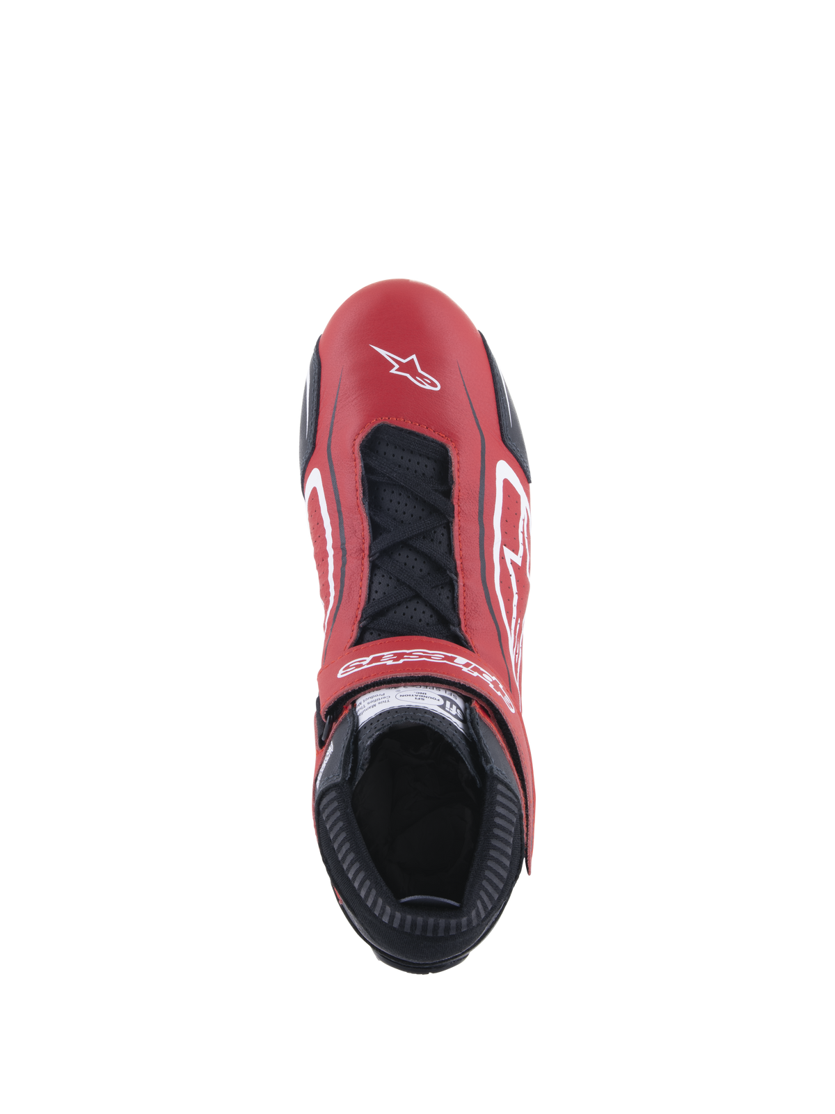 Alpinestars Tech-1 T V3 Shoes FIA, Auto Racing Shoe, Red Black and White, top-down view showing red bovine leather upper with black laces and adjustable strap, featuring white logos and a slim profile for competitive driving.