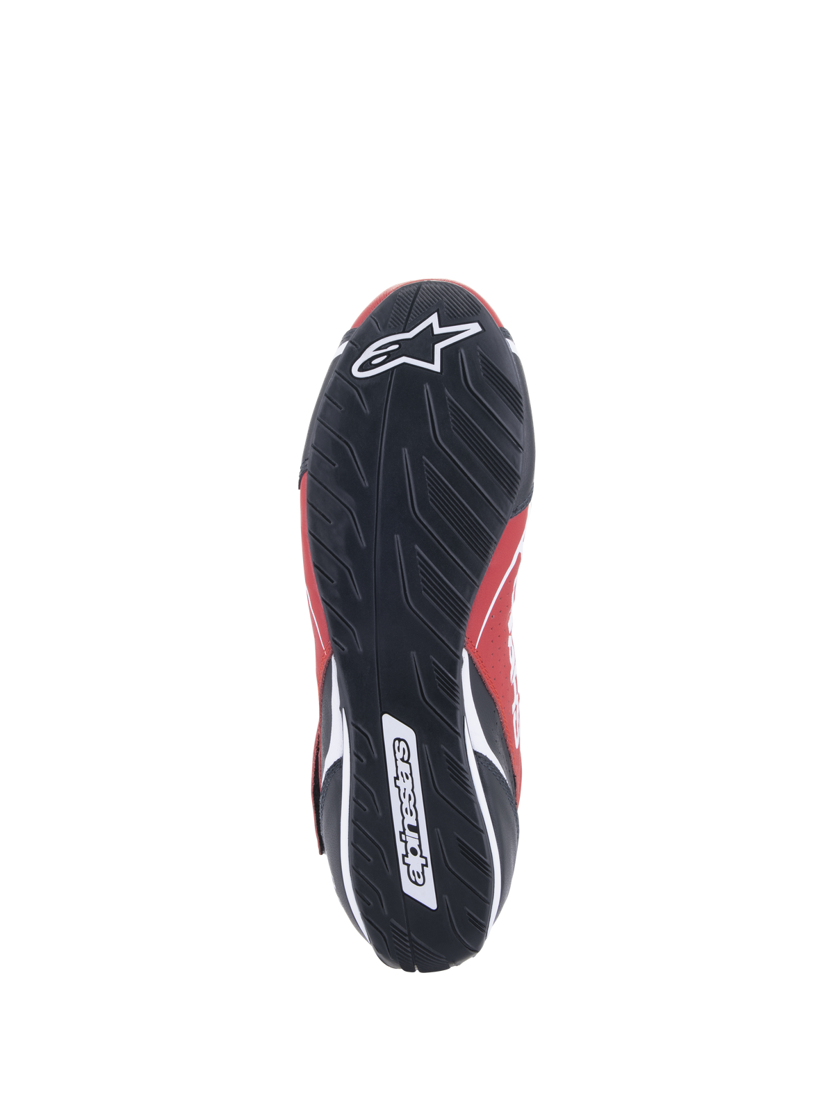 Alpinestars Tech-1 T V3 Shoes FIA, Auto Racing Shoes, Red Black and White, bottom view of the black rubber sole featuring an asymmetric tire tread pattern and white Alpinestars branding