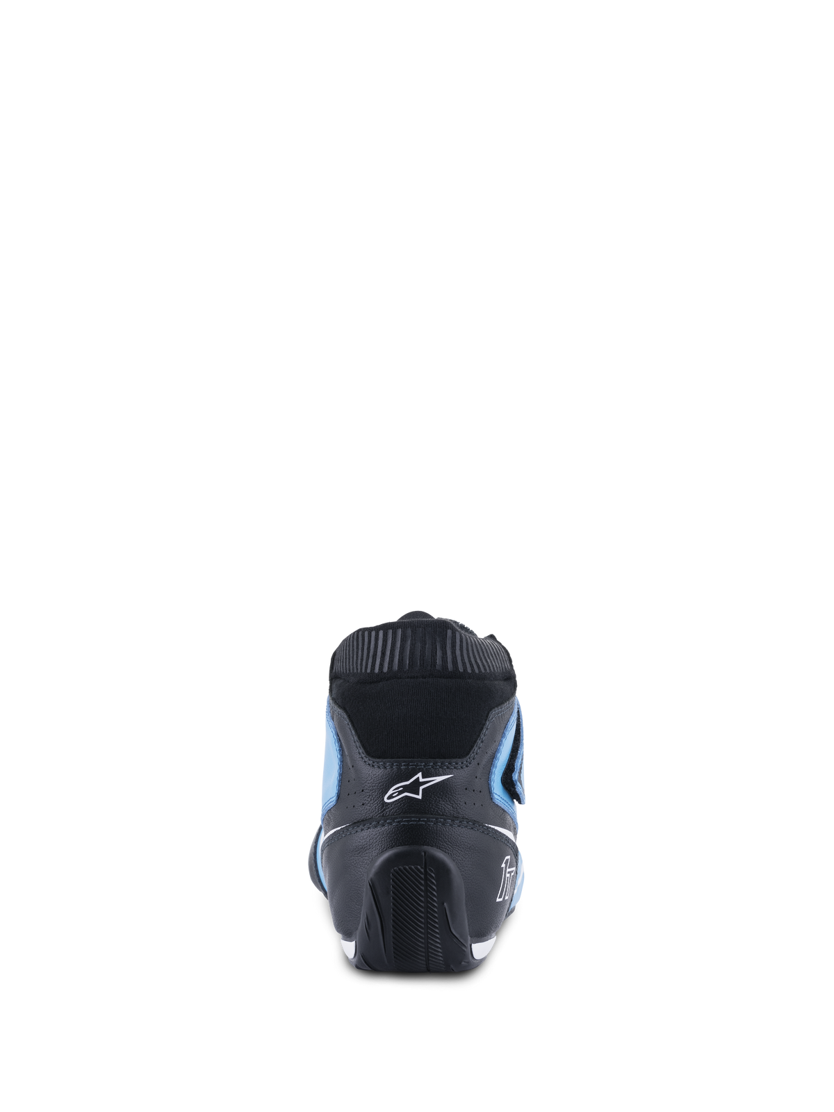 Alpinestars Tech-1 T V3 Shoes FIA, Auto Racing Shoes, Light Blue Black and White, rear view featuring the black leather heel, light blue side panels, and black elastic fireproof collar, sleek ergonomic design with white Alpinestars logo