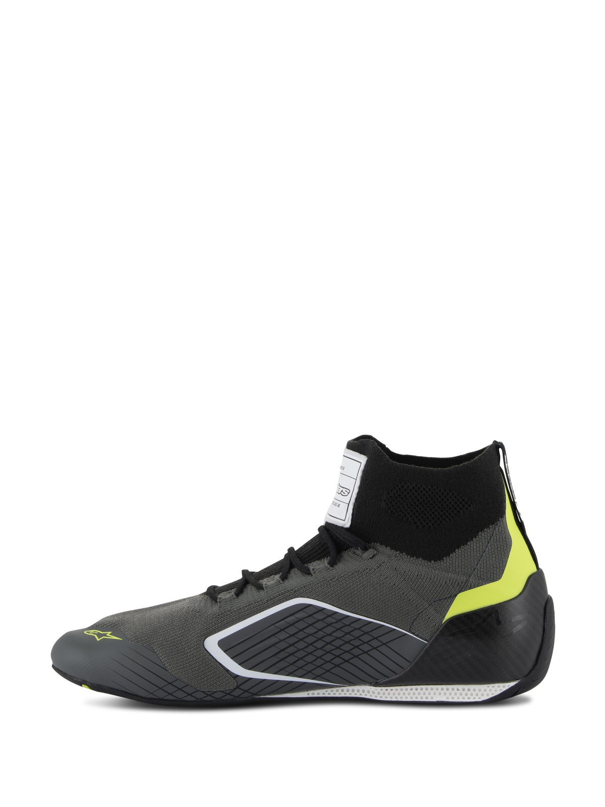 Alpinestars Supertech Schuhe - FIA/SFI, Auto-Rennschuhe, Grau und Schwarz mit neongelben Akzenten, Seitenansicht, mit gestricktem Aramid-Obermaterial und Fersenkappe aus Carbon, professionelles Motorsport-Schuhwerk