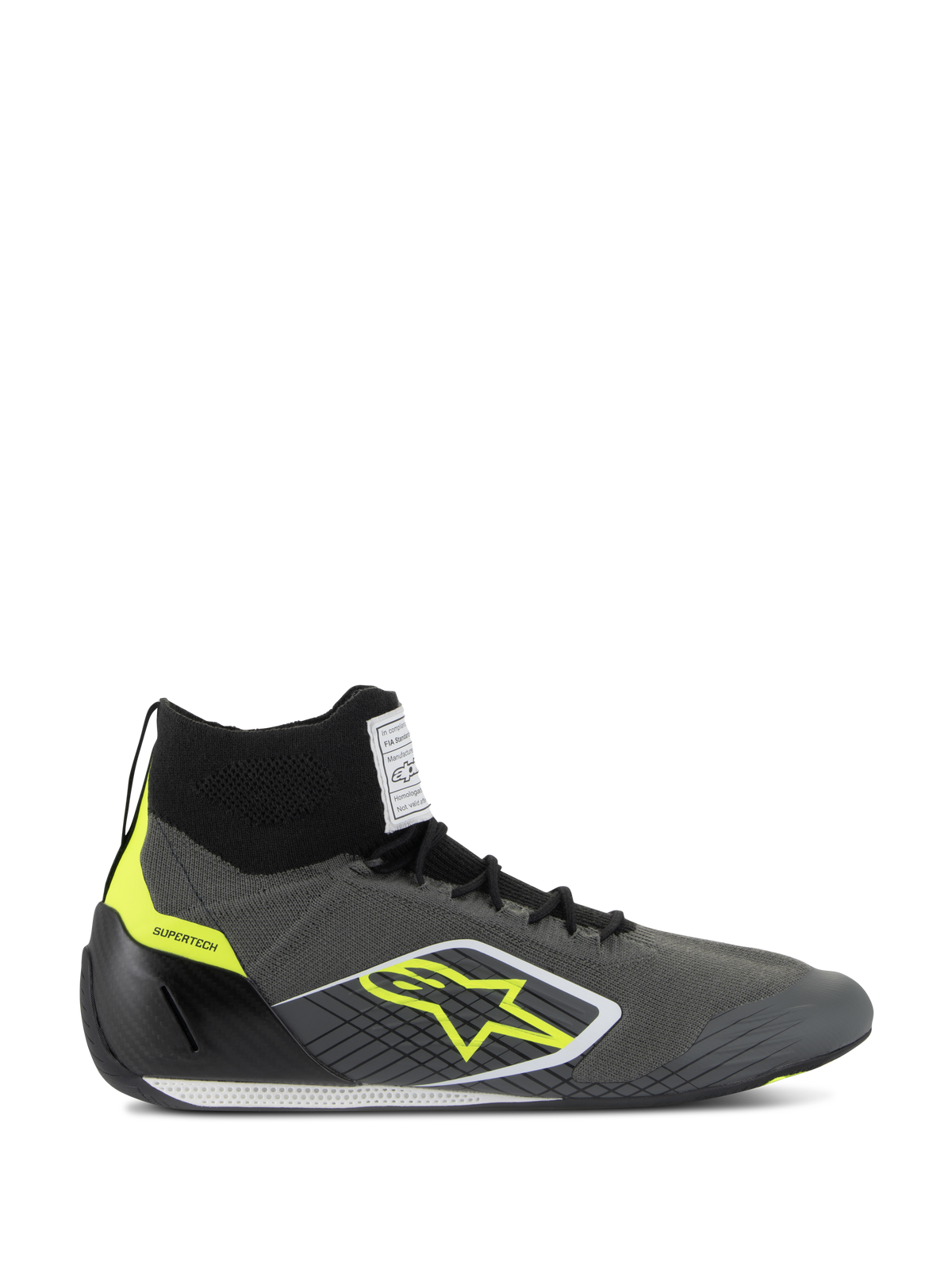 Alpinestars Supertech Schuhe FIA/SFI, professionelle hochgeschnittene Rennschuhe, Cool Gray und Schwarz mit neongelben Akzenten, mit gestricktem Obermaterial aus Aramid, Fersenkappe aus Carbon, gelbem Stern-Logo und dünner weiß-schwarzer Sohle, motorsportzertifiziertes Schuhwerk