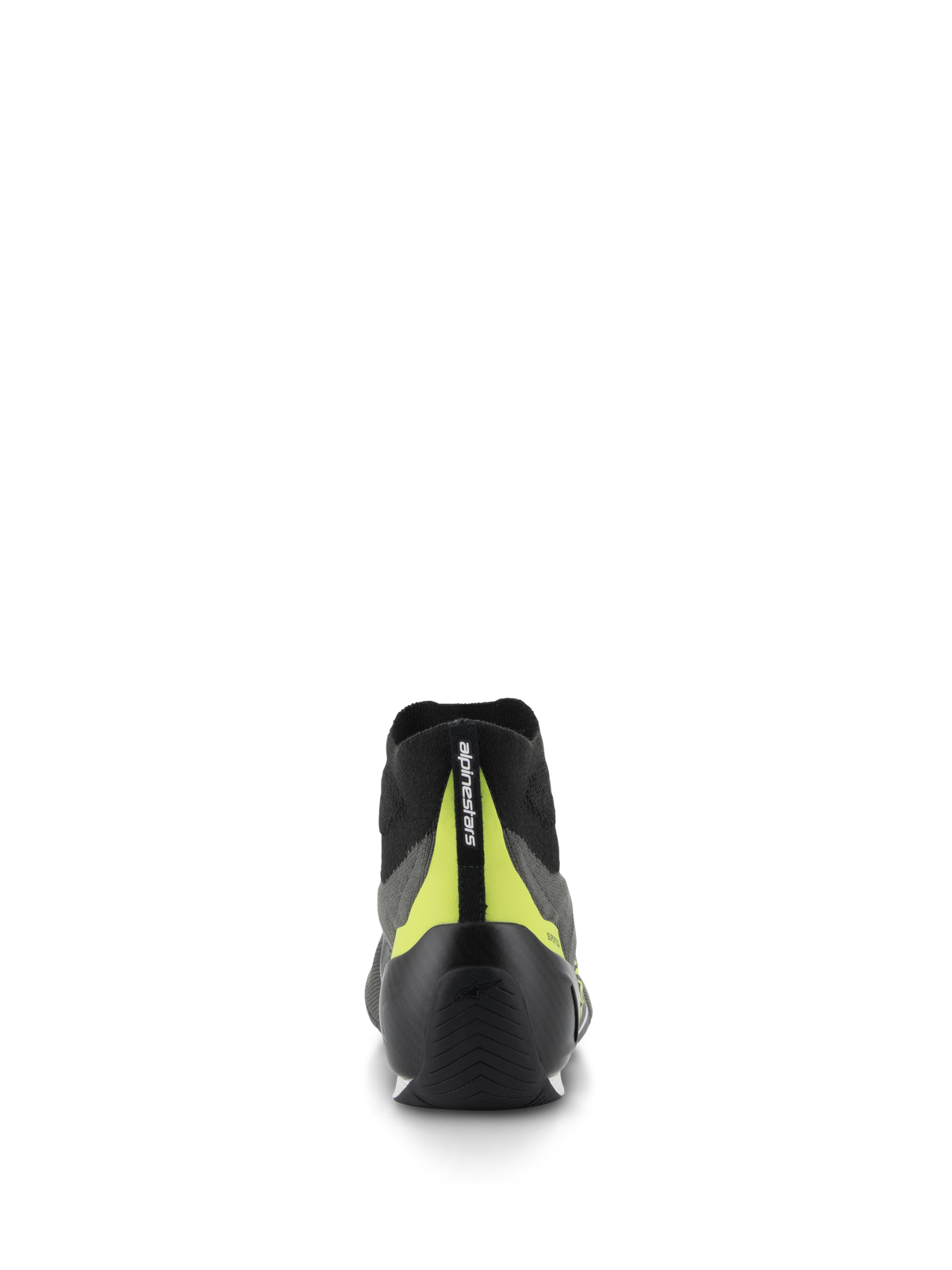 Alpinestars Supertech Schuhe, Automobil-Rennschuhe, Grau und Schwarz, Rückansicht mit schwarzer Carbon-Fersenkappe und leuchtend neongelbem vertikalem Streifen mit Branding, professionelles Motorsport-Design