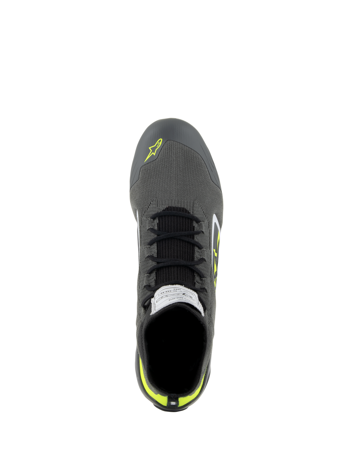 Alpinestars Supertech Schuhe, Auto-Rennschuhe, Cool Gray, Schwarz und Gelb Fluo, Draufsicht mit gestricktem Obermaterial, schwarzen Schnürsenkeln und FIA-Zertifizierungsetikett auf der Zunge, professionelles Motorsport-Schuhwerk