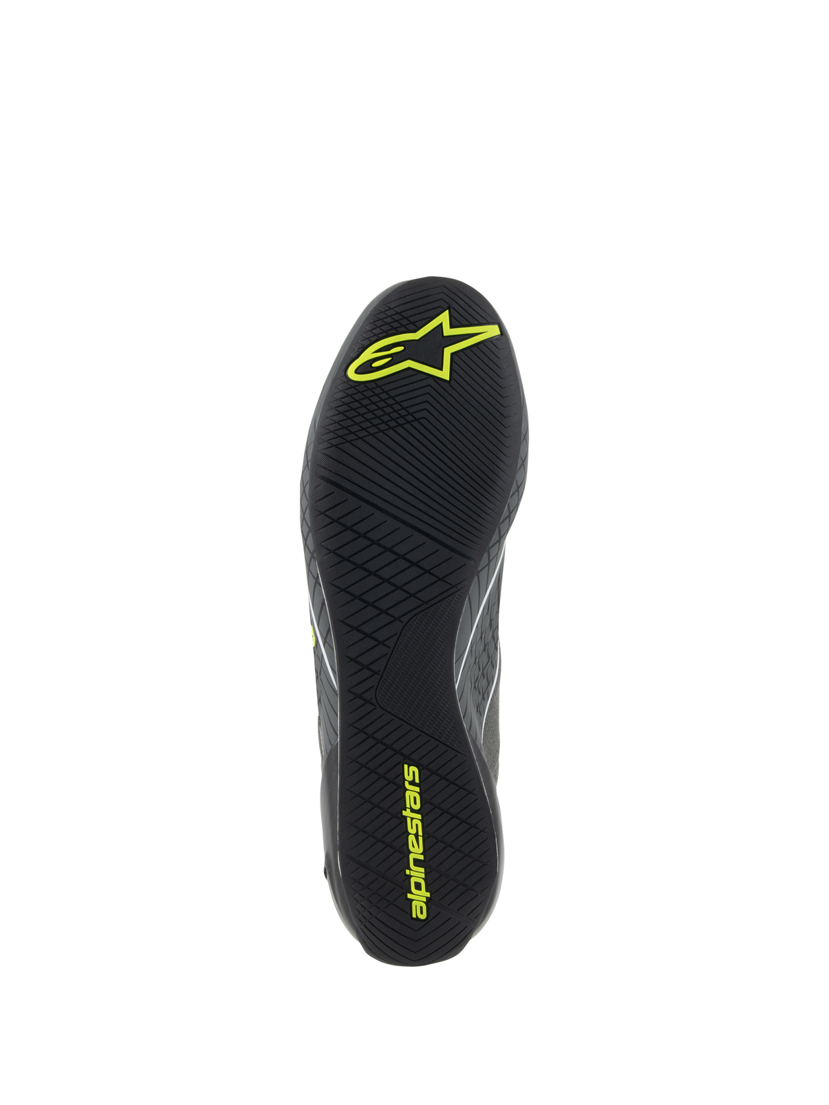 Alpinestars Supertech Schuhe, Auto-Rennschuhe, Cool Gray und Gelb Fluo, Detailansicht der schwarzen Gummiaußensohle mit strukturiertem asymmetrischem Profil und gelben Alpinestars-Logos für Pedalgriff und Sensibilität.