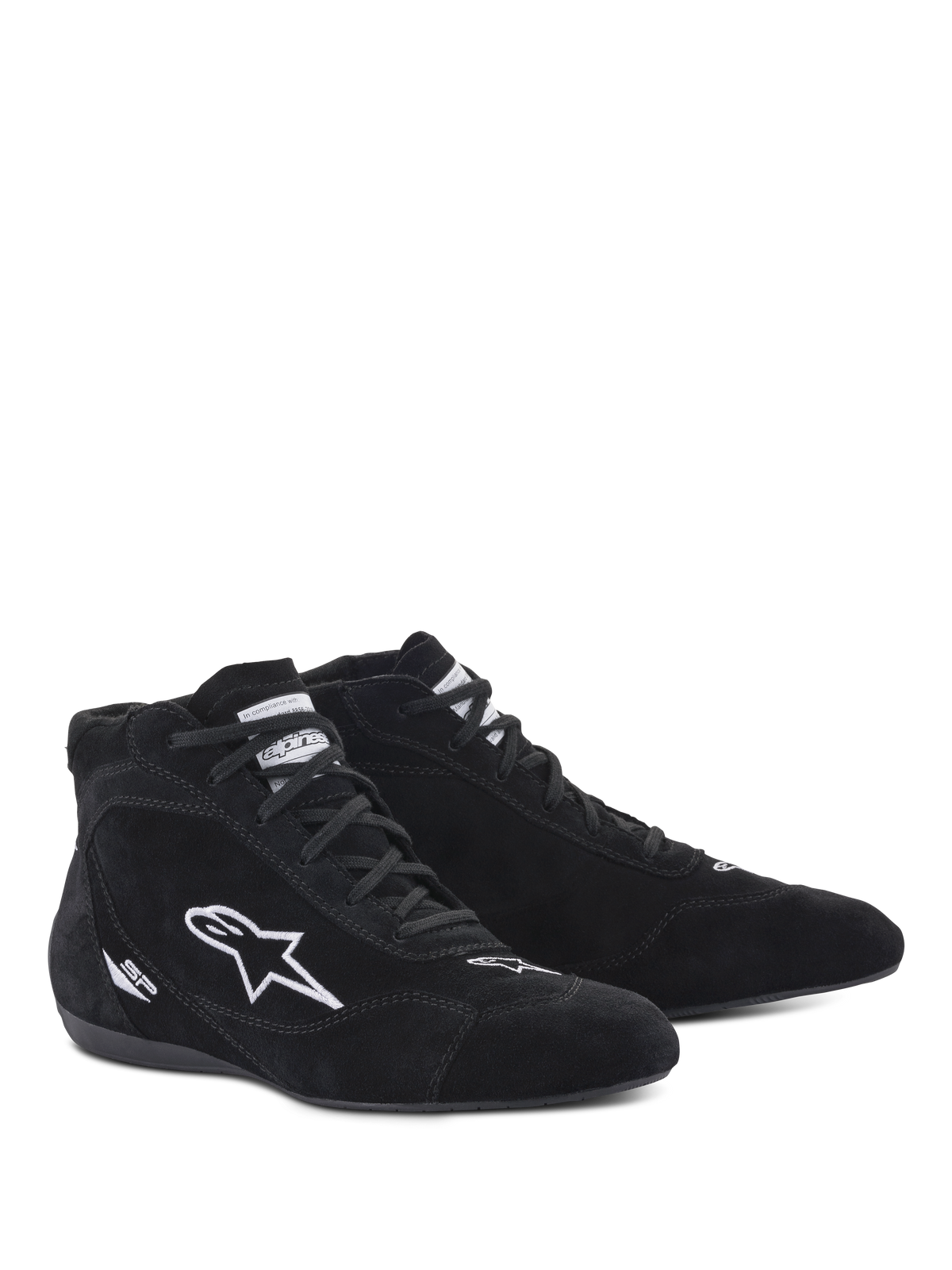 Alpinestars SP V2 Schuhe, Auto-Rennschuhe, Schwarz, High-Top-Design aus Wildleder mit weißem gesticktem Stern-Logo und SP-Branding, dünne Sohle nach F1-Spezifikation für präzises Pedalgefühl, professionelles Motorsport-Schuhwerk